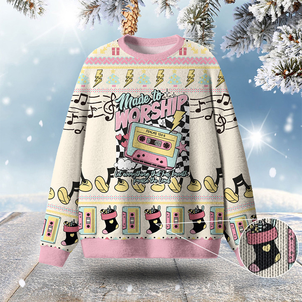 Made To Worship Ugly Christmas Sweater Music Themed Holiday Wear Christmas Gift For Her