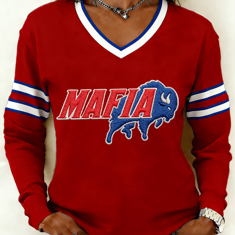 Mafia Buffalo Mascot V-Neck Long Sleeve Shirt Buffalo Bills Apparel Football Gift For Her