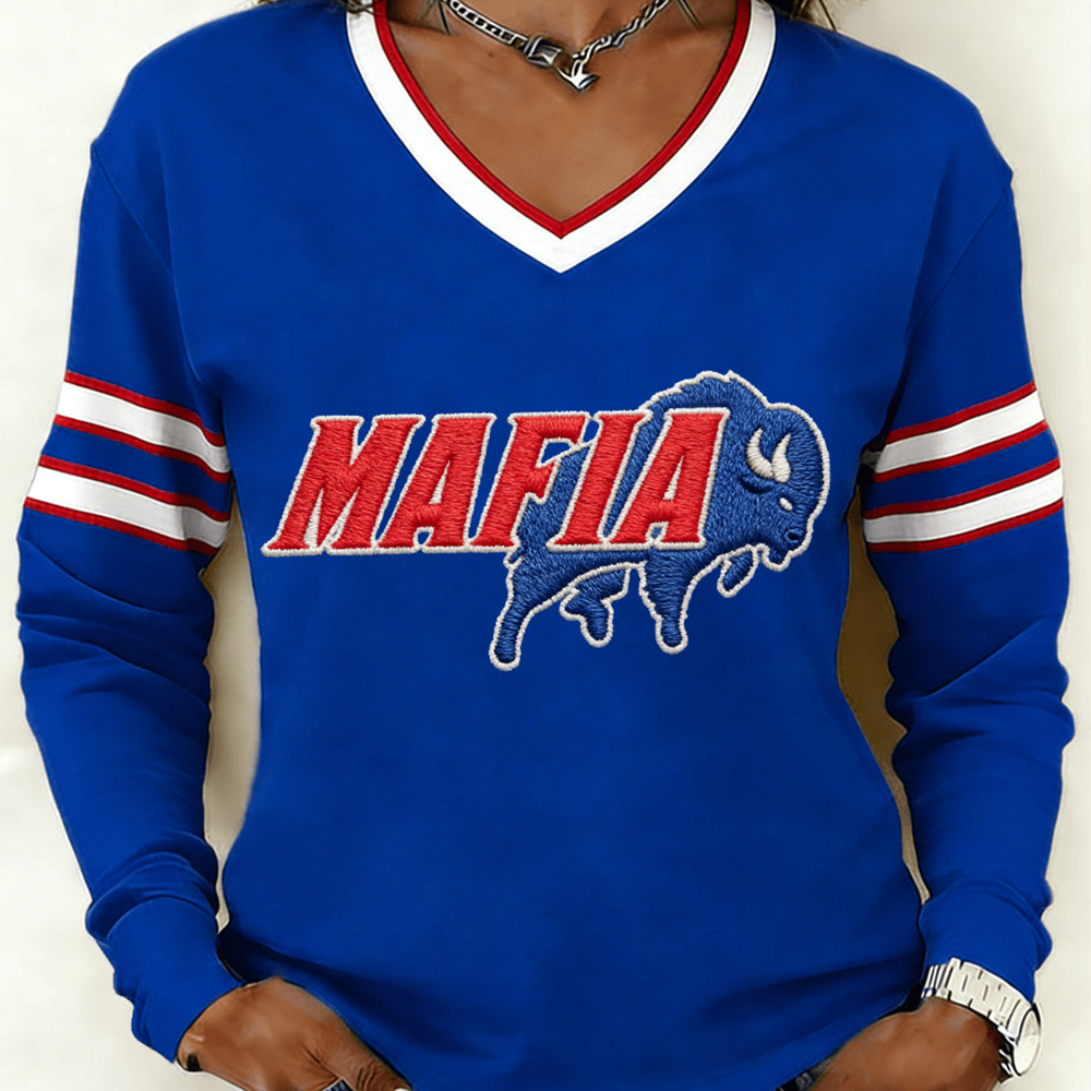 Mafia Buffalo Mascot V-Neck Long Sleeve Shirt Buffalo Bills Clothing Line Football Merch