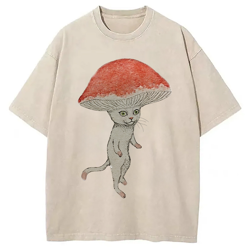 Magic Mushroom Cat Washed T-Shirt Classic Graphic Fashion Tee Gifts For Him Magic Mushroom Cat Washed T-Shirt Classic Graphic Fashion Tee Gifts For Him