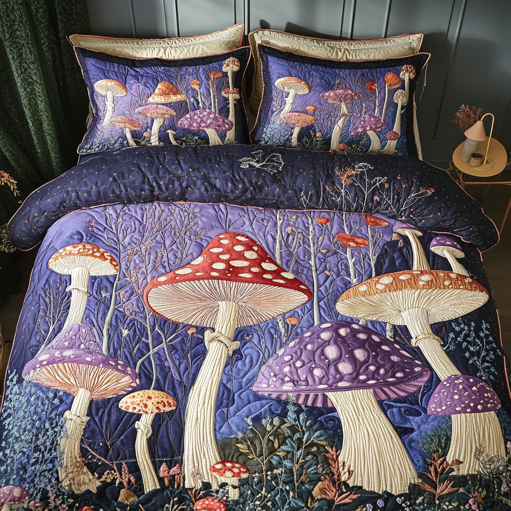 Magic Mushrooms Quilted Bedding Set Aesthetic Room Decor Cute Mushroom Gifts