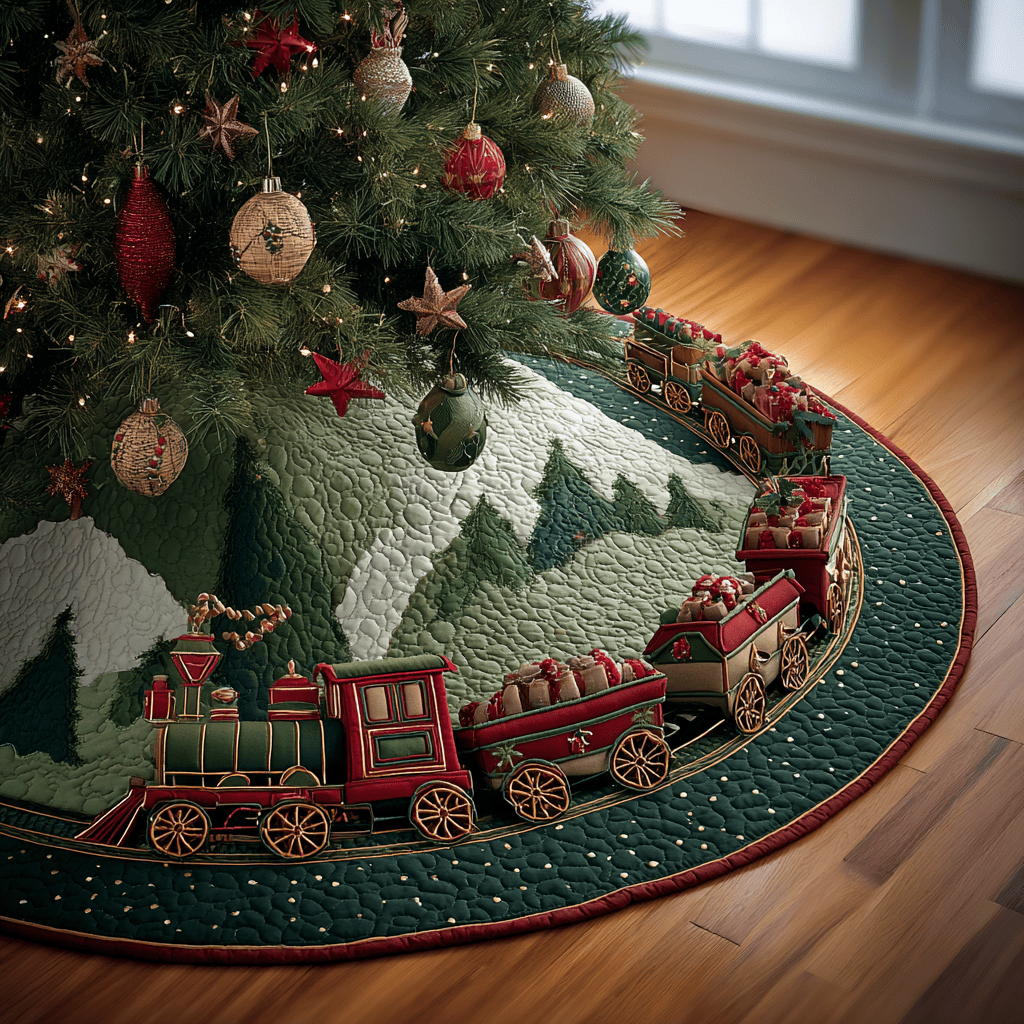 Magic Rails Christmas Quilted Tree Skirt Holiday Home Decor Christmas Gifts For Train Lovers