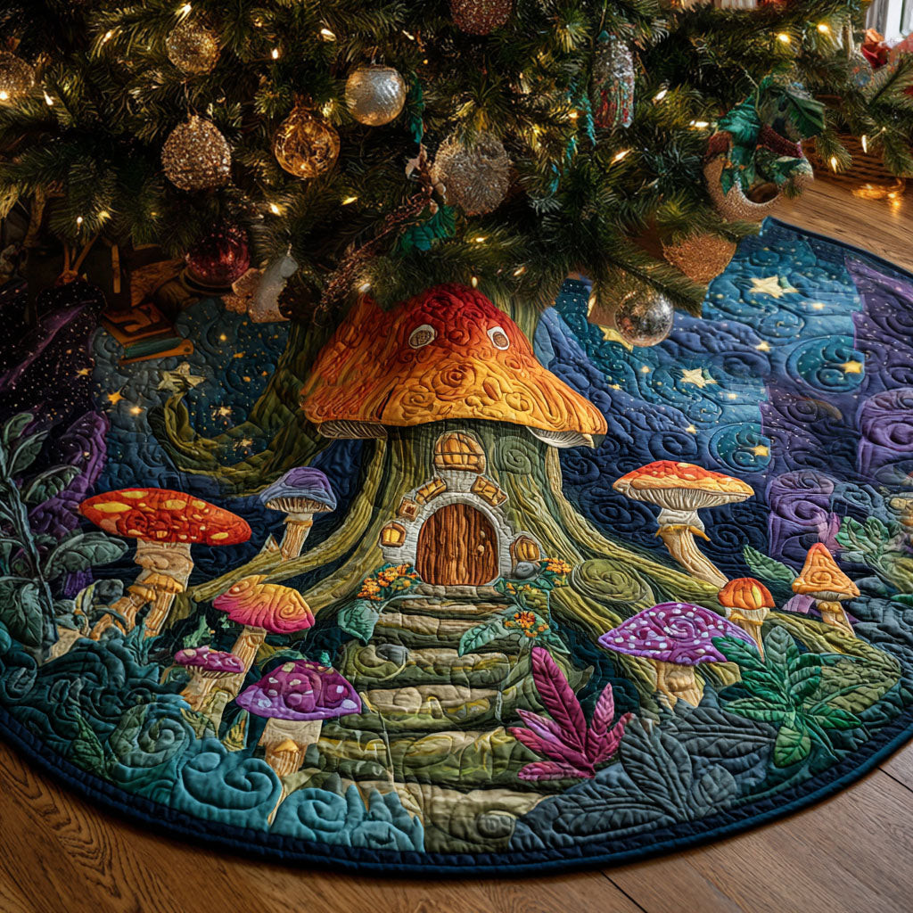 Magic Shroom Meadow Christmas Quilted Tree Skirt Nature Themed Tree Decor Unique Xmas Gifts