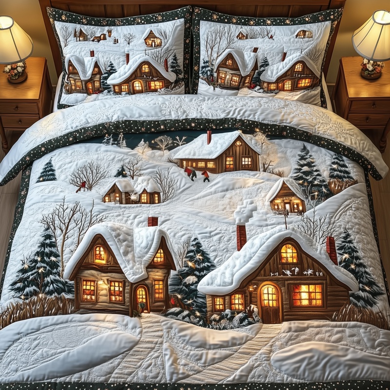 Magical Christmas Village Quilted Bedding Set Holiday Winter Bedroom Decor Festive Gift Ideas