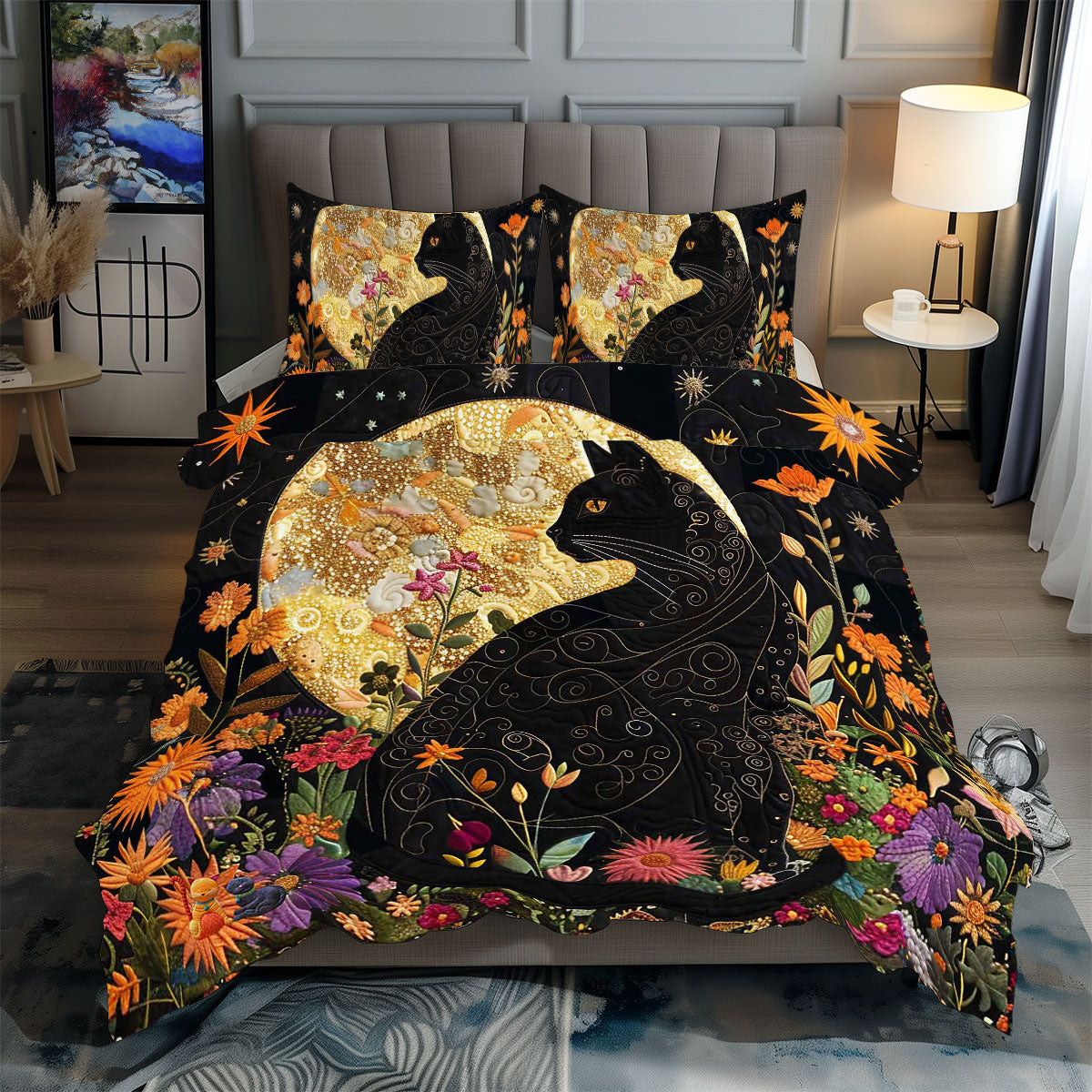 Magical Moonlight Black Cat Quilted Bedding Set Duvet Cover Bedspread Present Ideas For Husband
