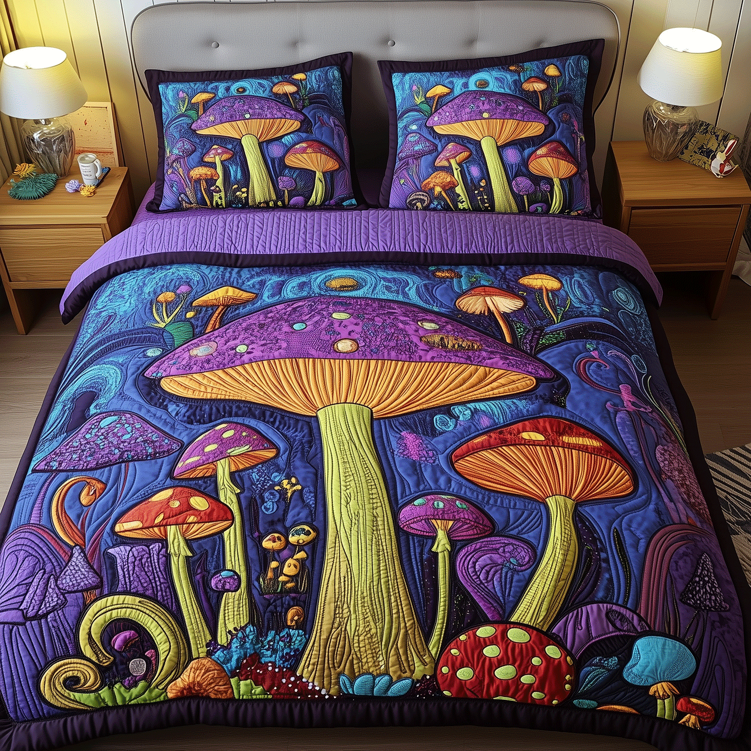 Magical Woodland Mushroom Quilted Bedding Set Perfect Bedding Gift Set for Family and Friends