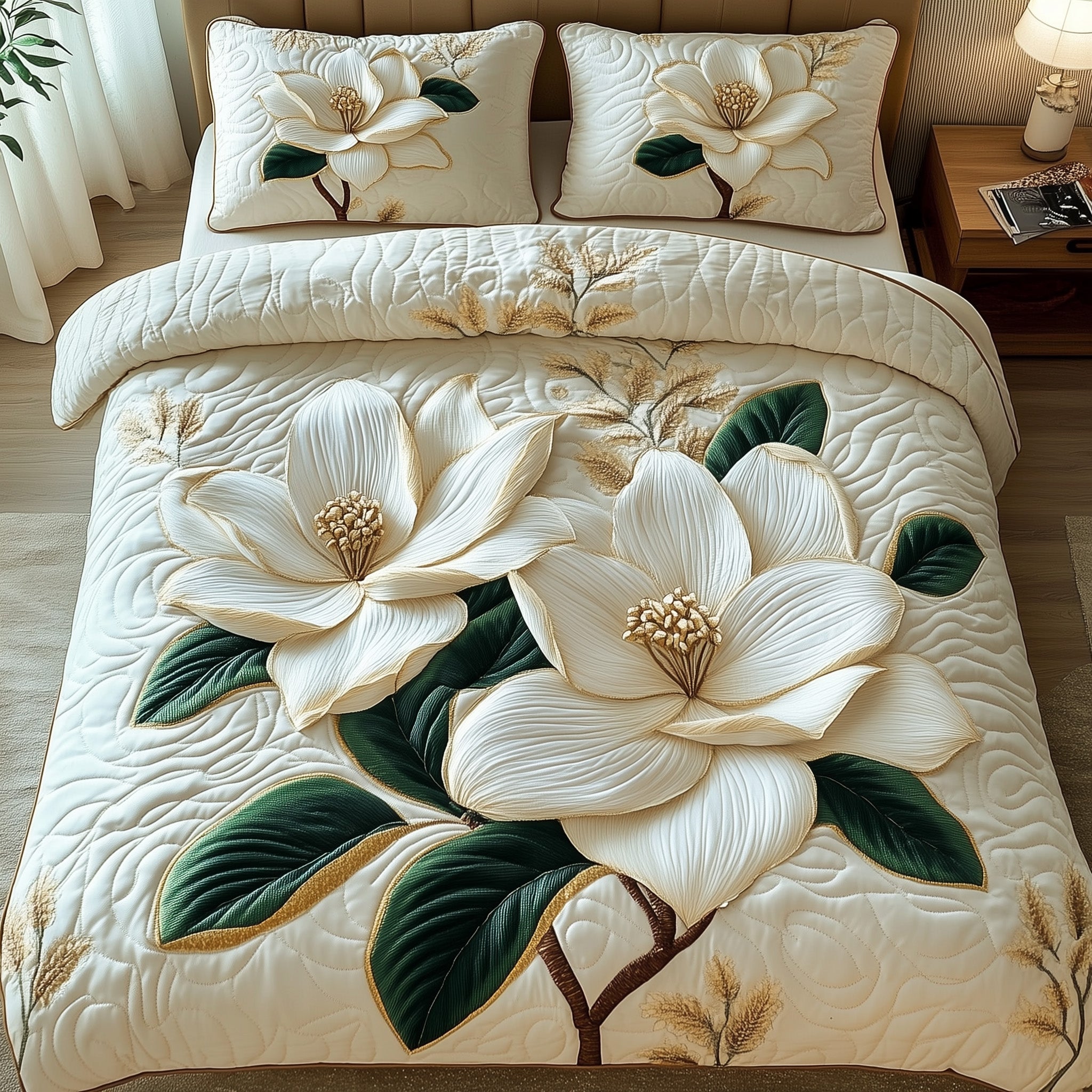 Magnolia Bloom Quilted Bedding Set Duvet Cover Bed Sheet Christmas Gift Ideas For Relatives