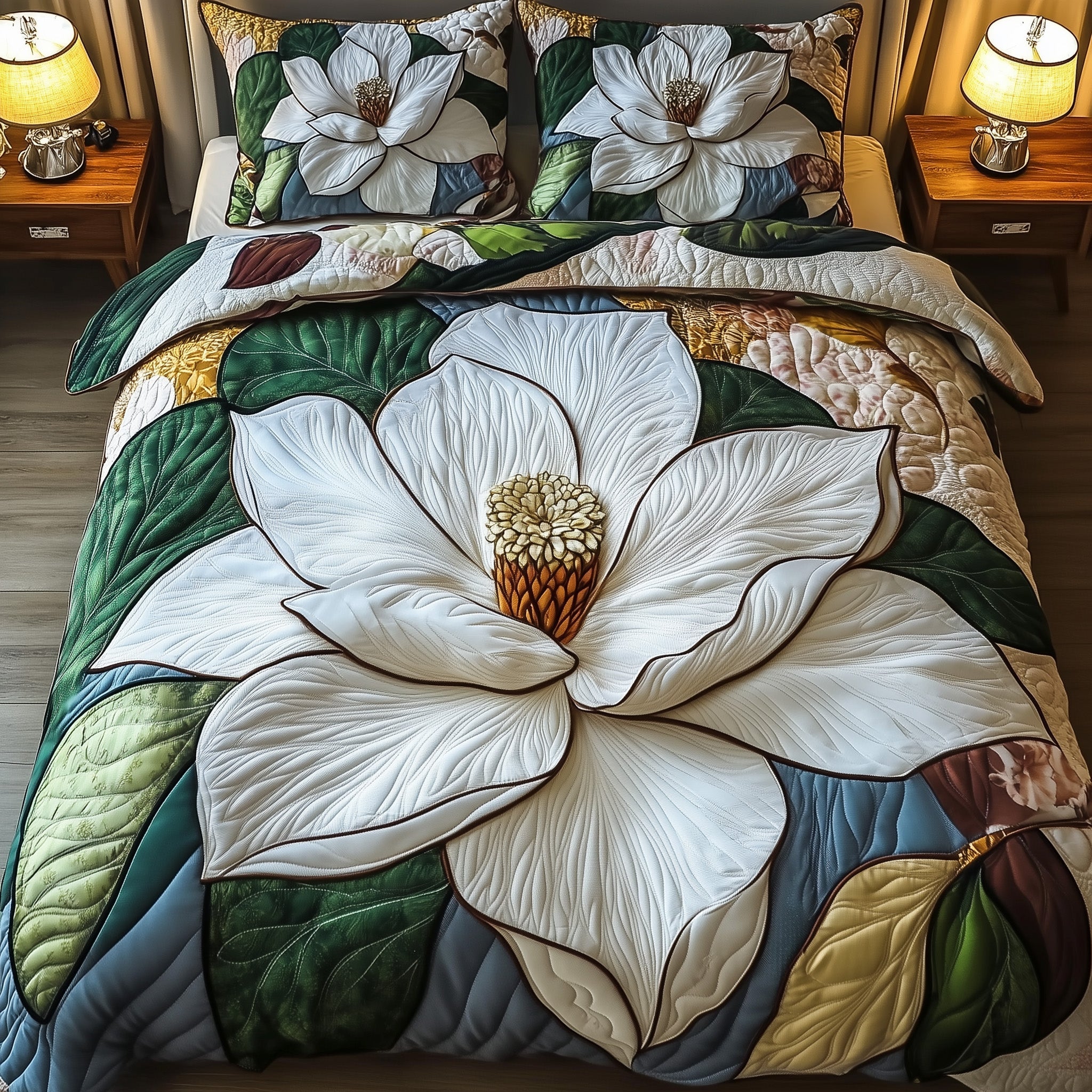 Magnolia Bloom Quilted Bedding Set Duvet Cover Bed Sheet Christmas Presents For Mother In Law