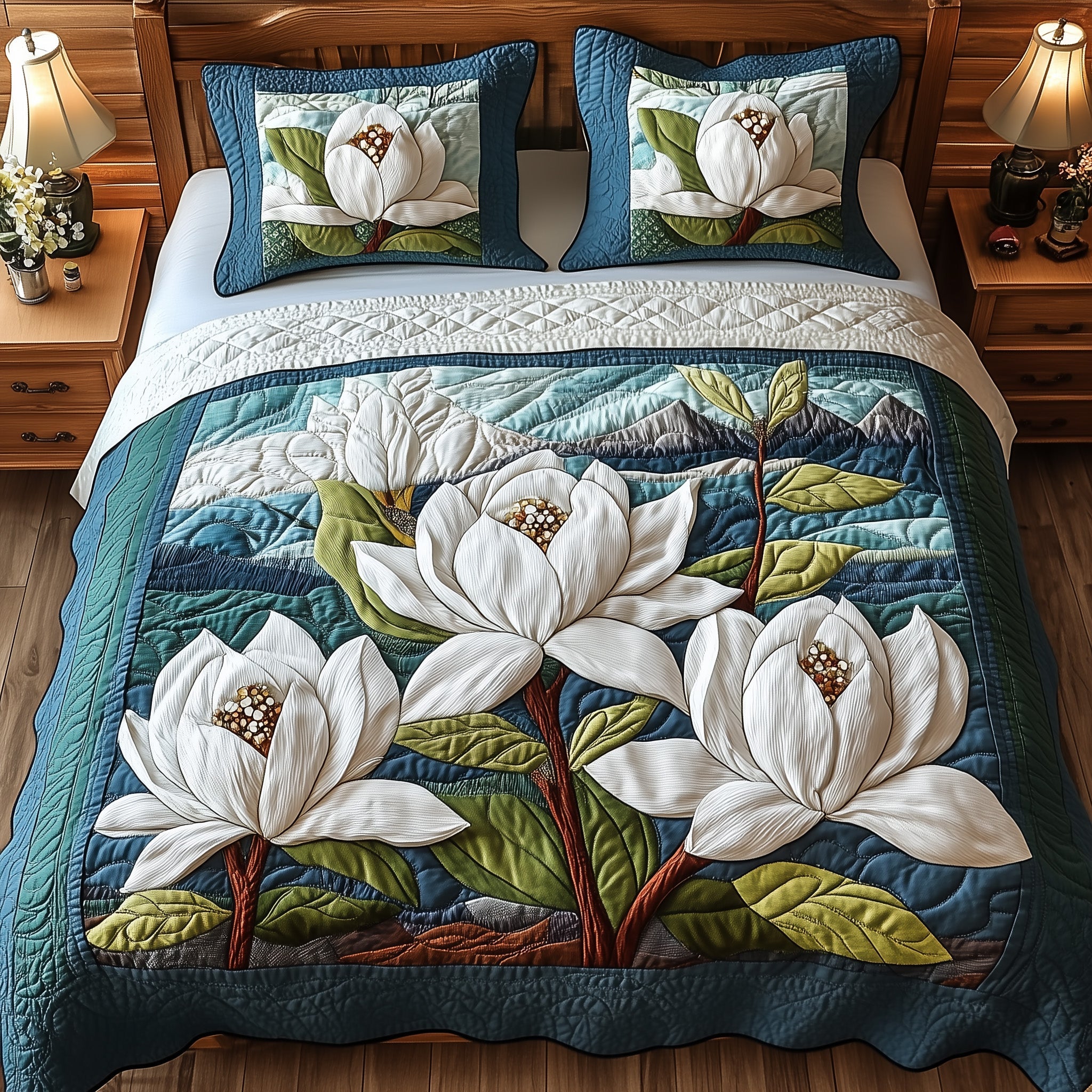 Magnolia Bloom Quilted Bedding Set Duvet Cover Bed Sheet Xmas Gifts For Mother In Law