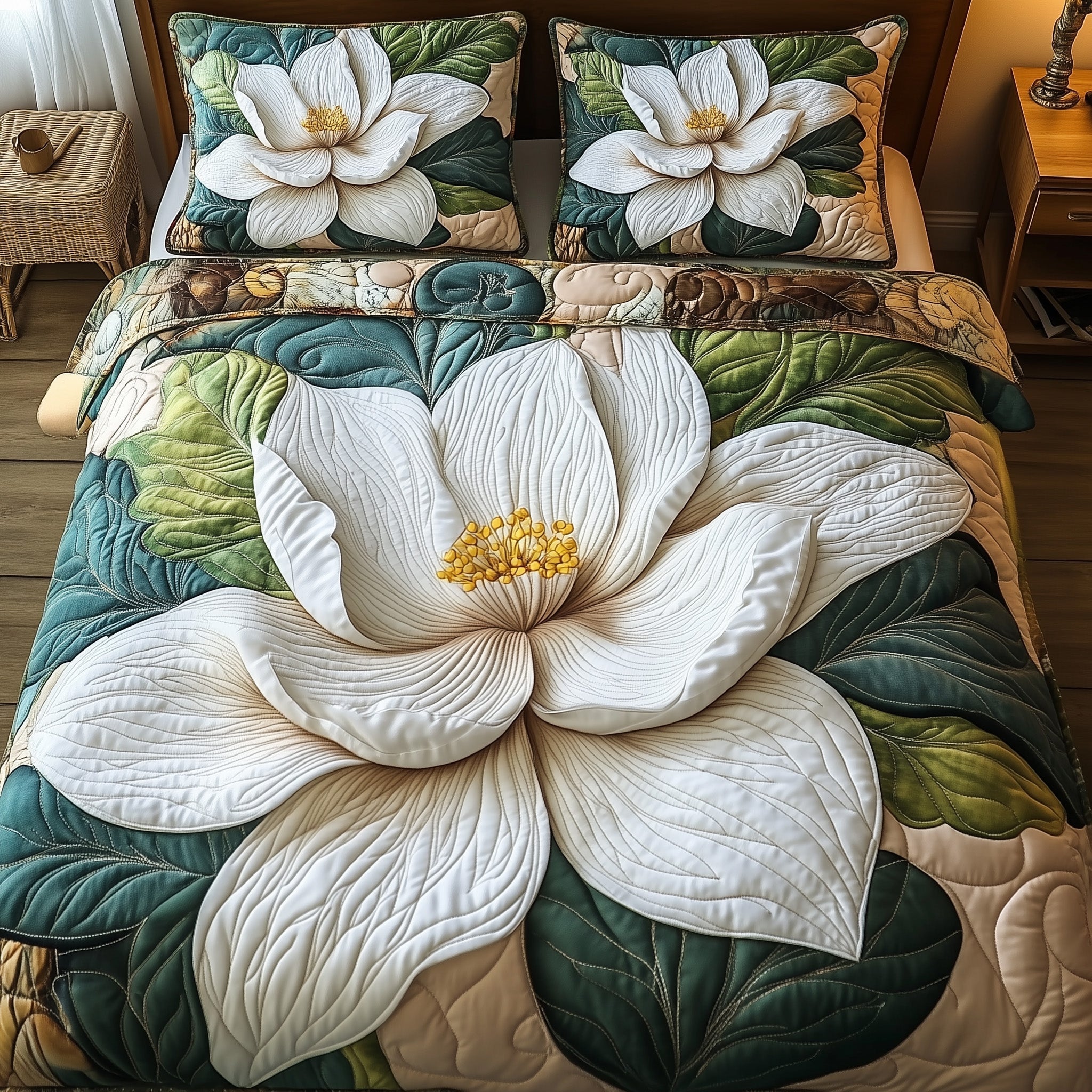 Magnolia Bloom Quilted Bedding Set Duvet Cover Bed Sheet Xmas Presents For Mother In Law