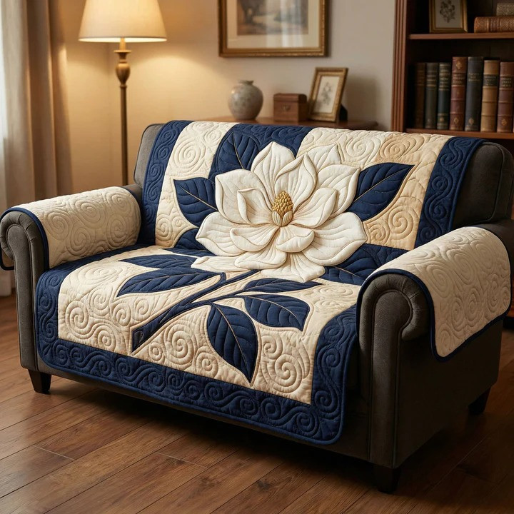 Magnolia Calm Quilted Sofa Cover Soft Floral Furniture Protector Best Gift For Flower Lover Mom