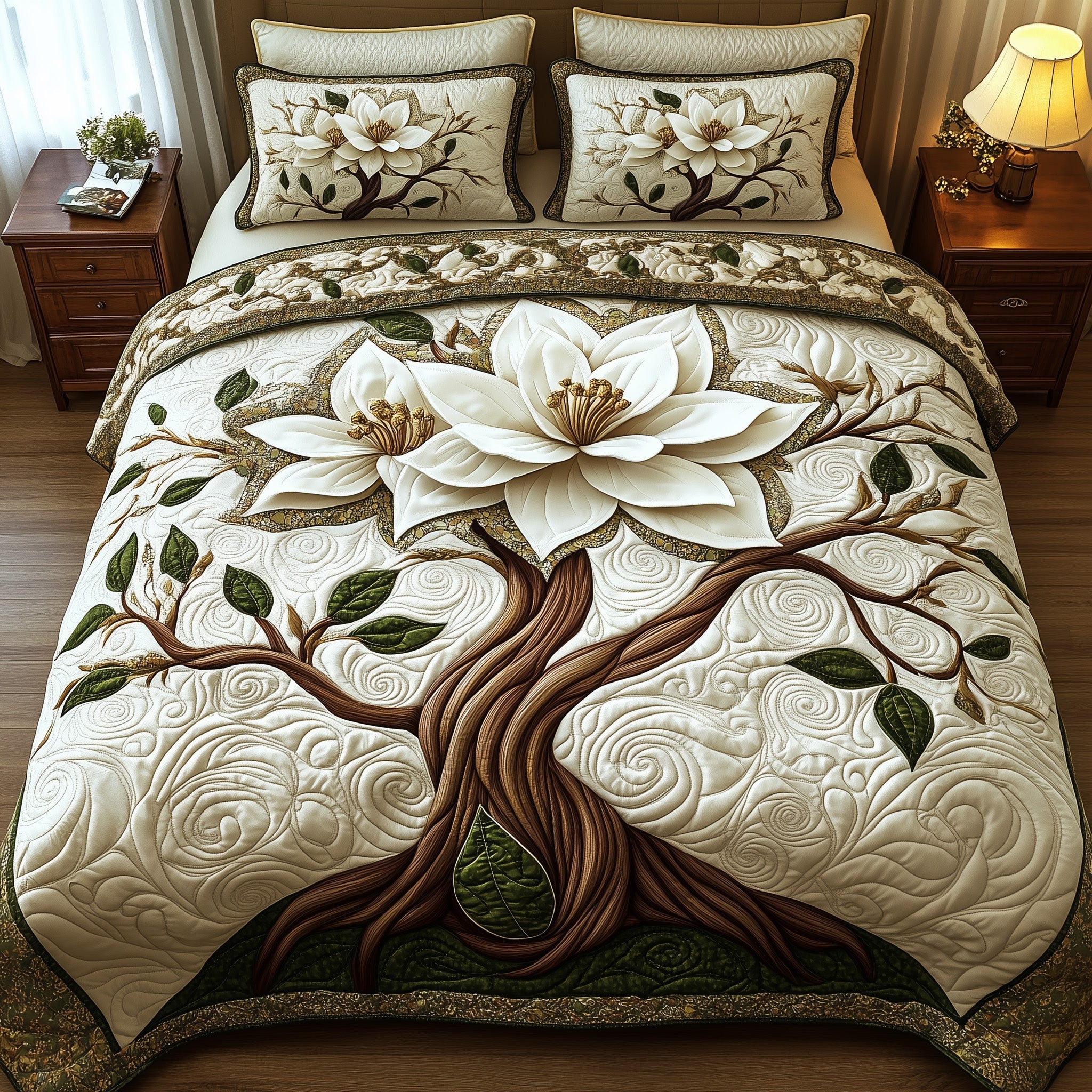 Magnolia Charm Quilted Bedding Set  Bedroom Decor Magnolia Xmas Tree Of Life Themed Gifts