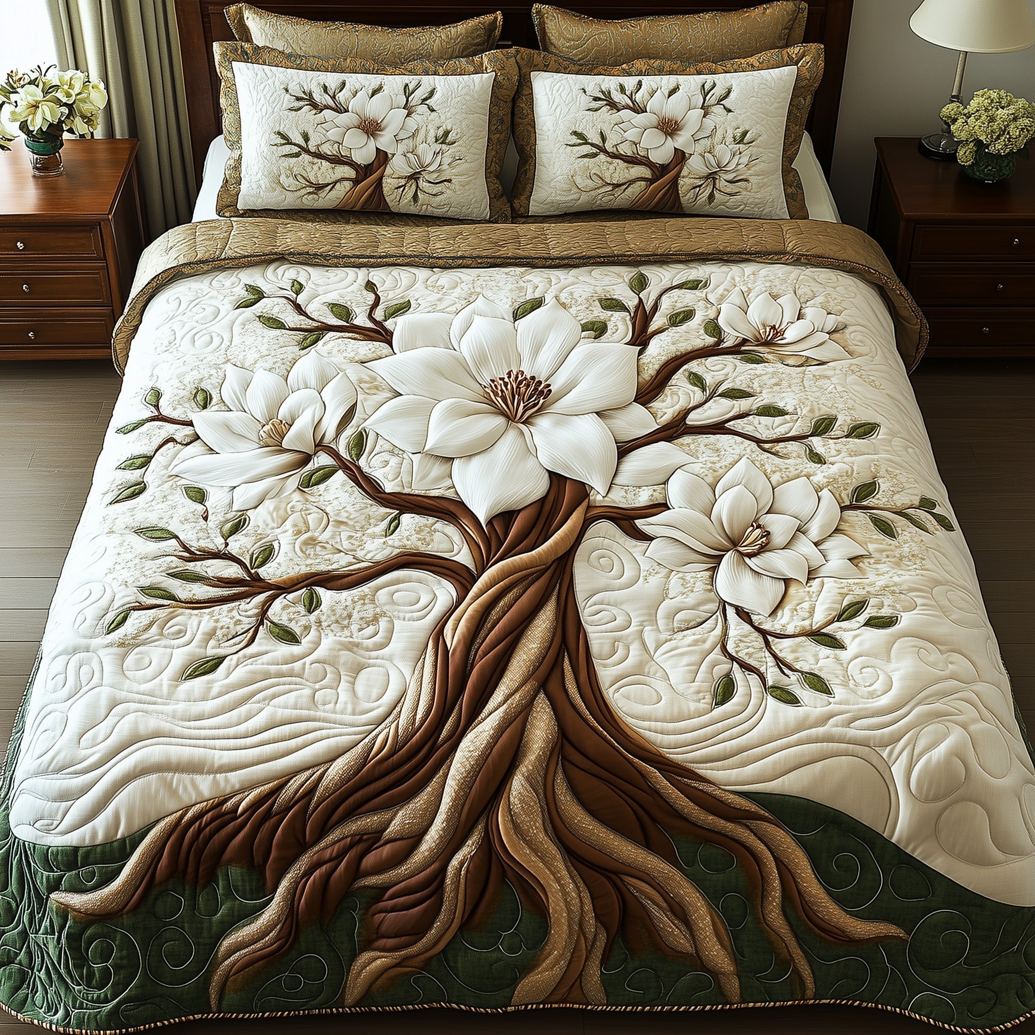 Magnolia Charm Quilted Bedding Set  Duvet Cover Magnolia Xmas Tree Of Life Gift Items