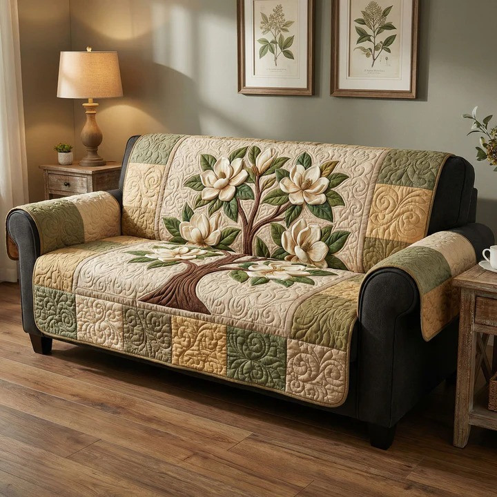 Magnolia Comfort Quilted Sofa Cover Floral Cozy Furniture Protector Best Gift For Flower Lover Mom