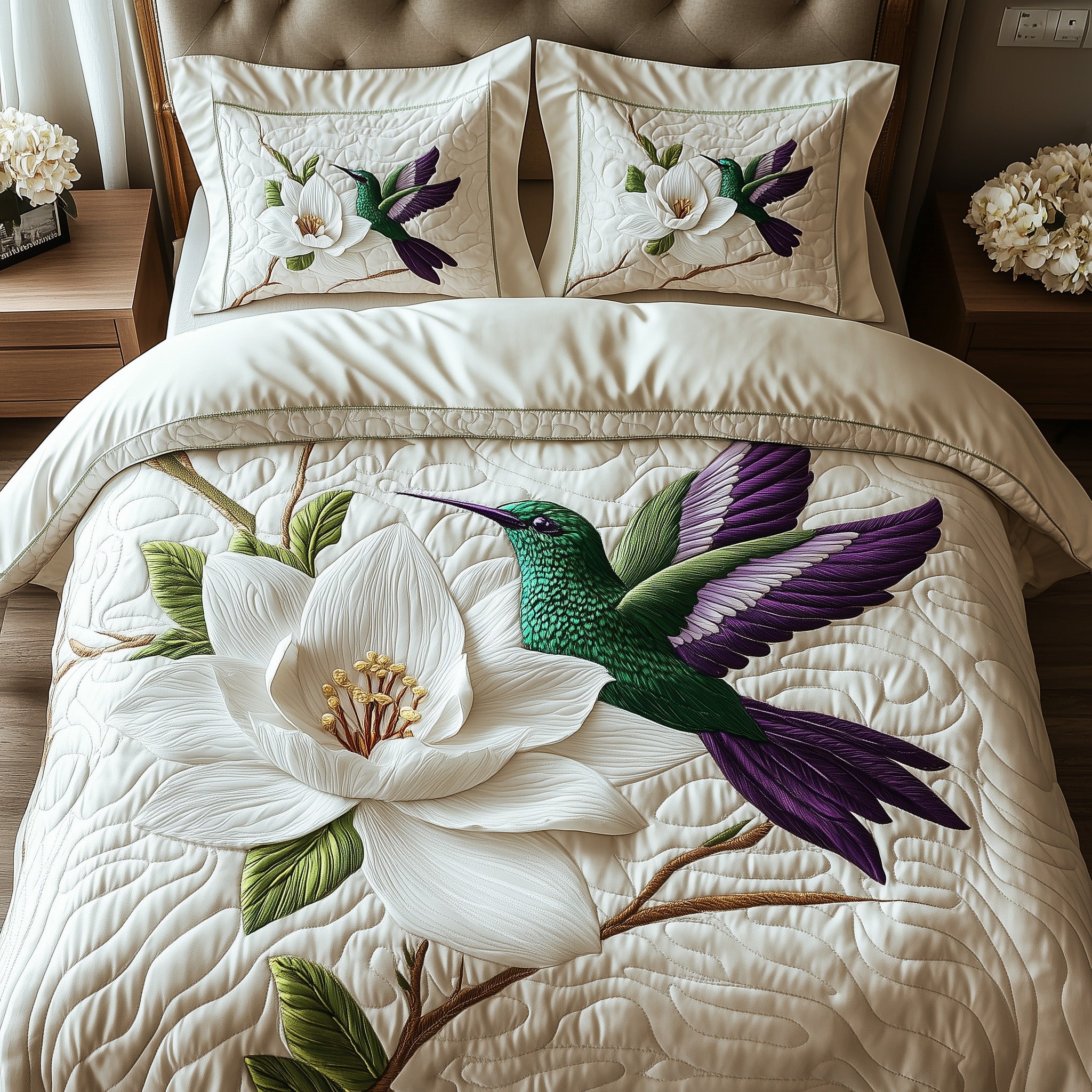 Magnolia Dance Quilted Bedding Set Duvet Cover Bedspread Cool Gifts For Hummingbird Lovers
