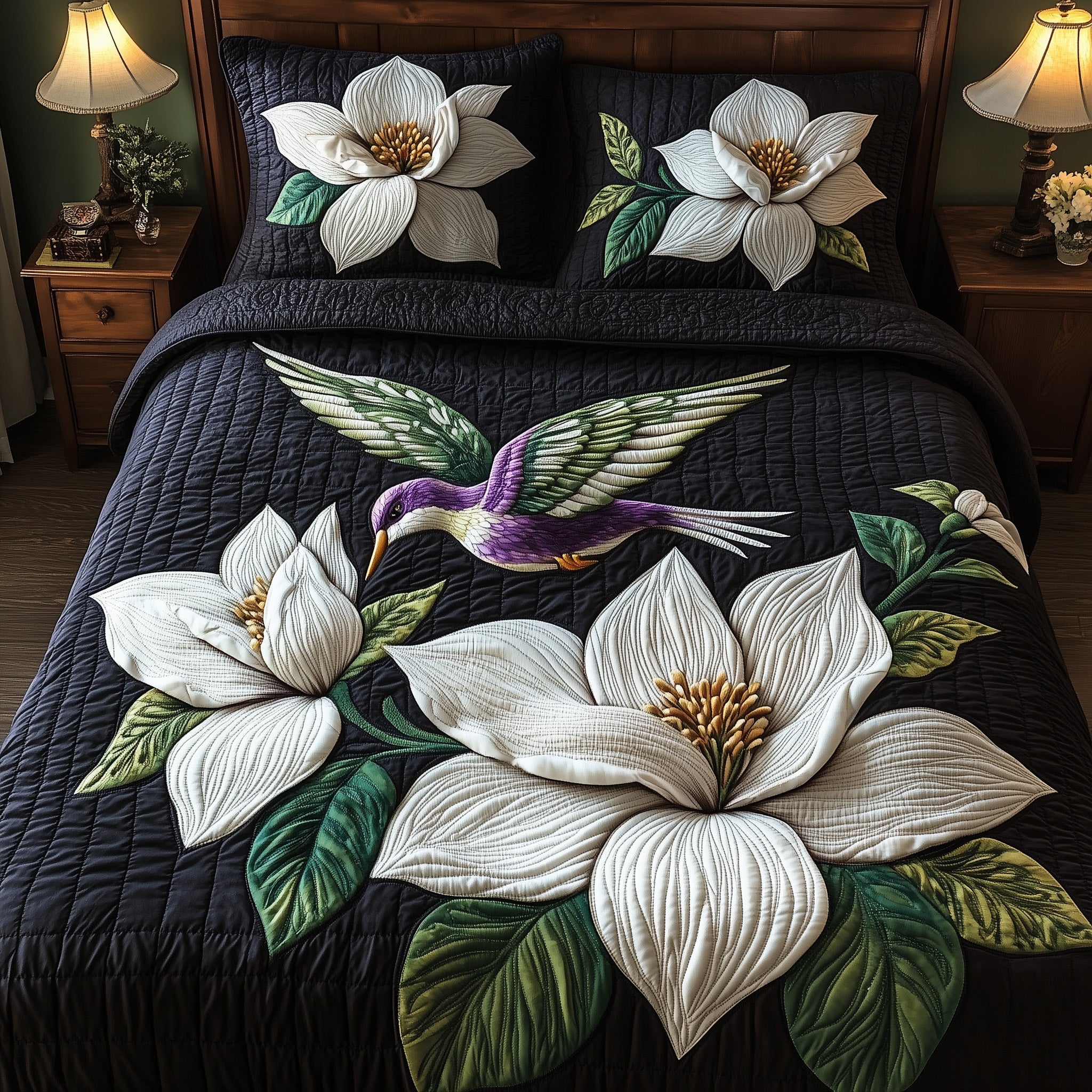 Magnolia Dance Quilted Bedding Set Duvet Cover Bedspread Hummingbird Gifts For Ladies