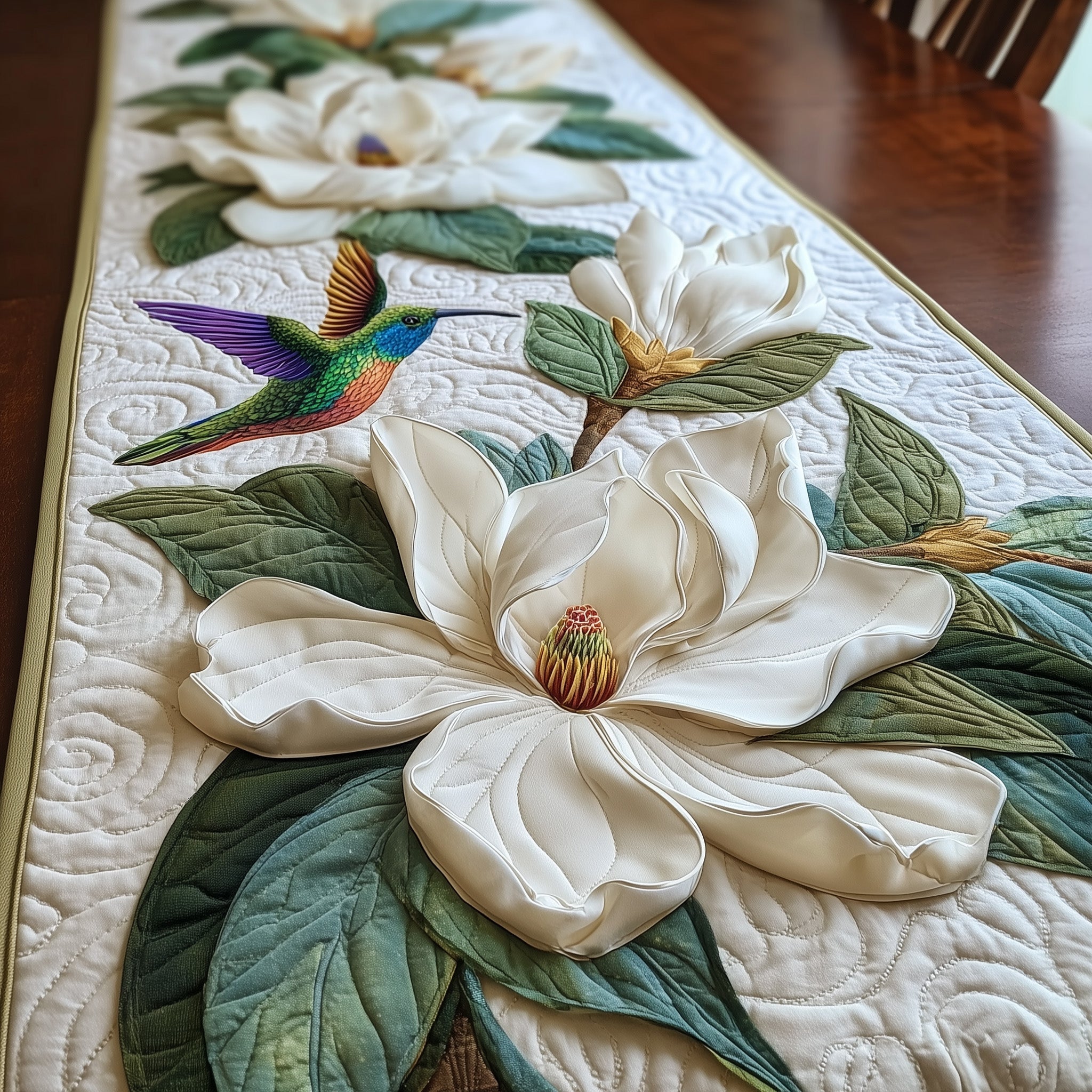 Magnolia Dance Quilted Table Runner Elegant Christmas Table Runner