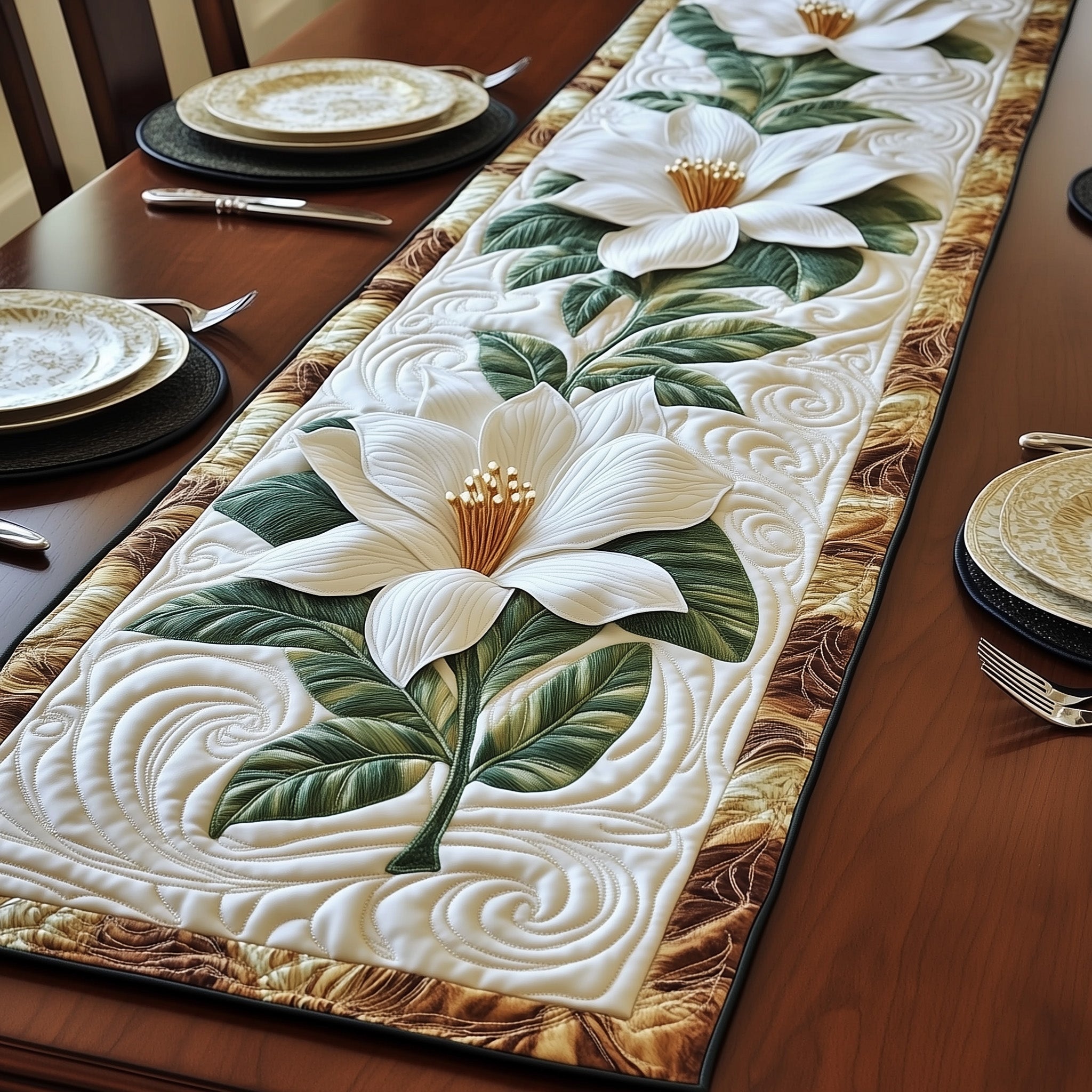 Magnolia Elegance Quilted Table Runner Christmas Table Runner for Dining Room