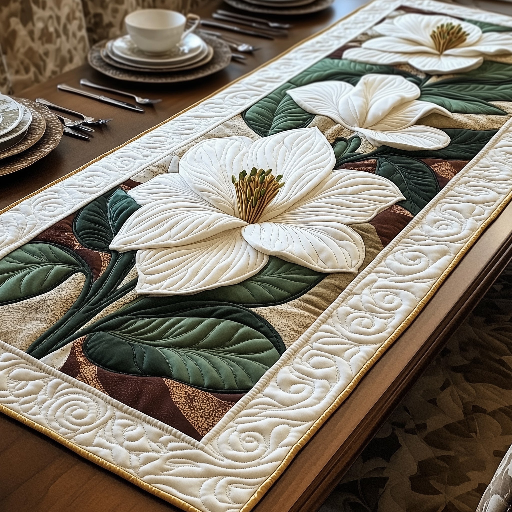 Magnolia Elegance Quilted Table Runner Christmas Theme Table Runner
