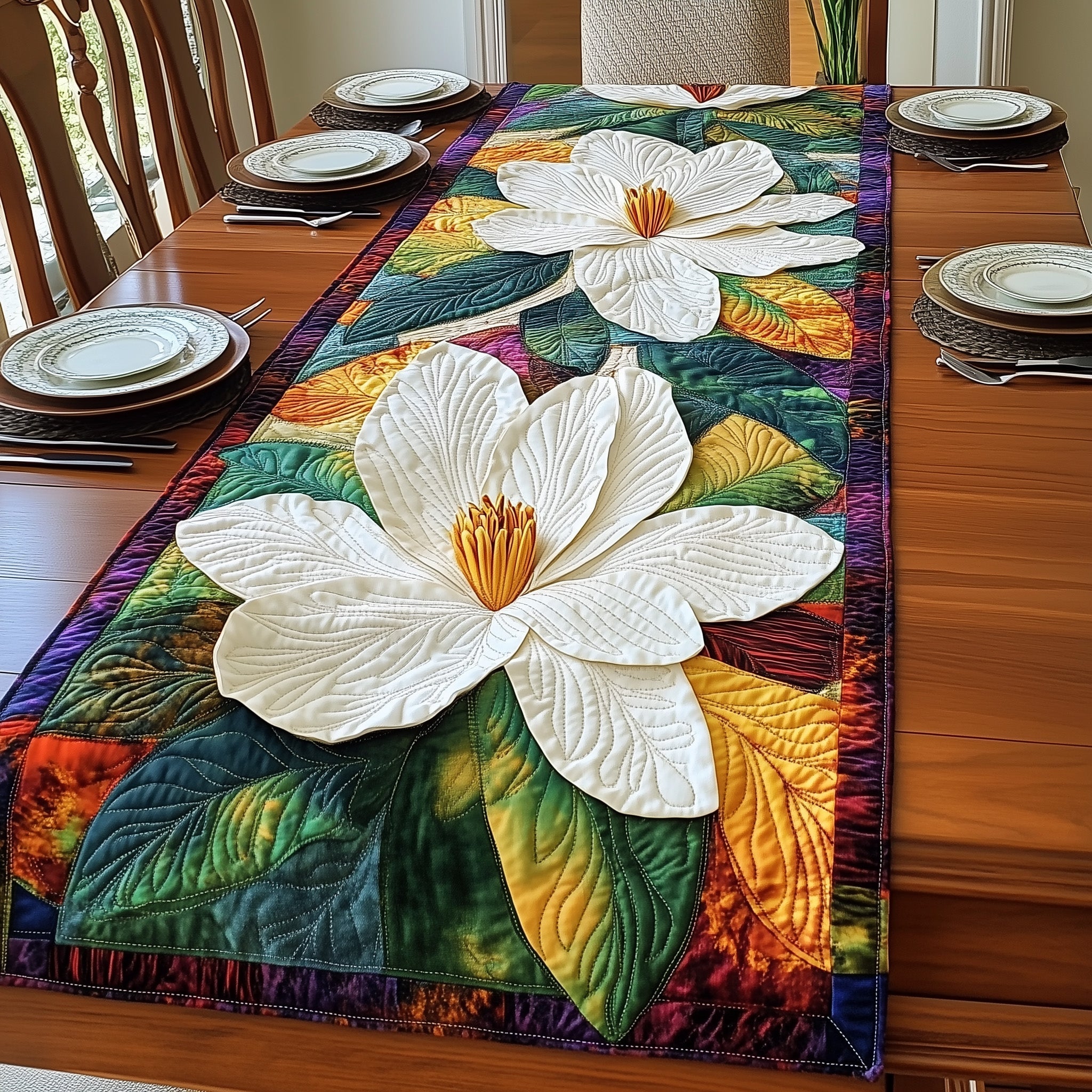 Magnolia Elegance Quilted Table Runner Festive Holiday Table Runner Decor