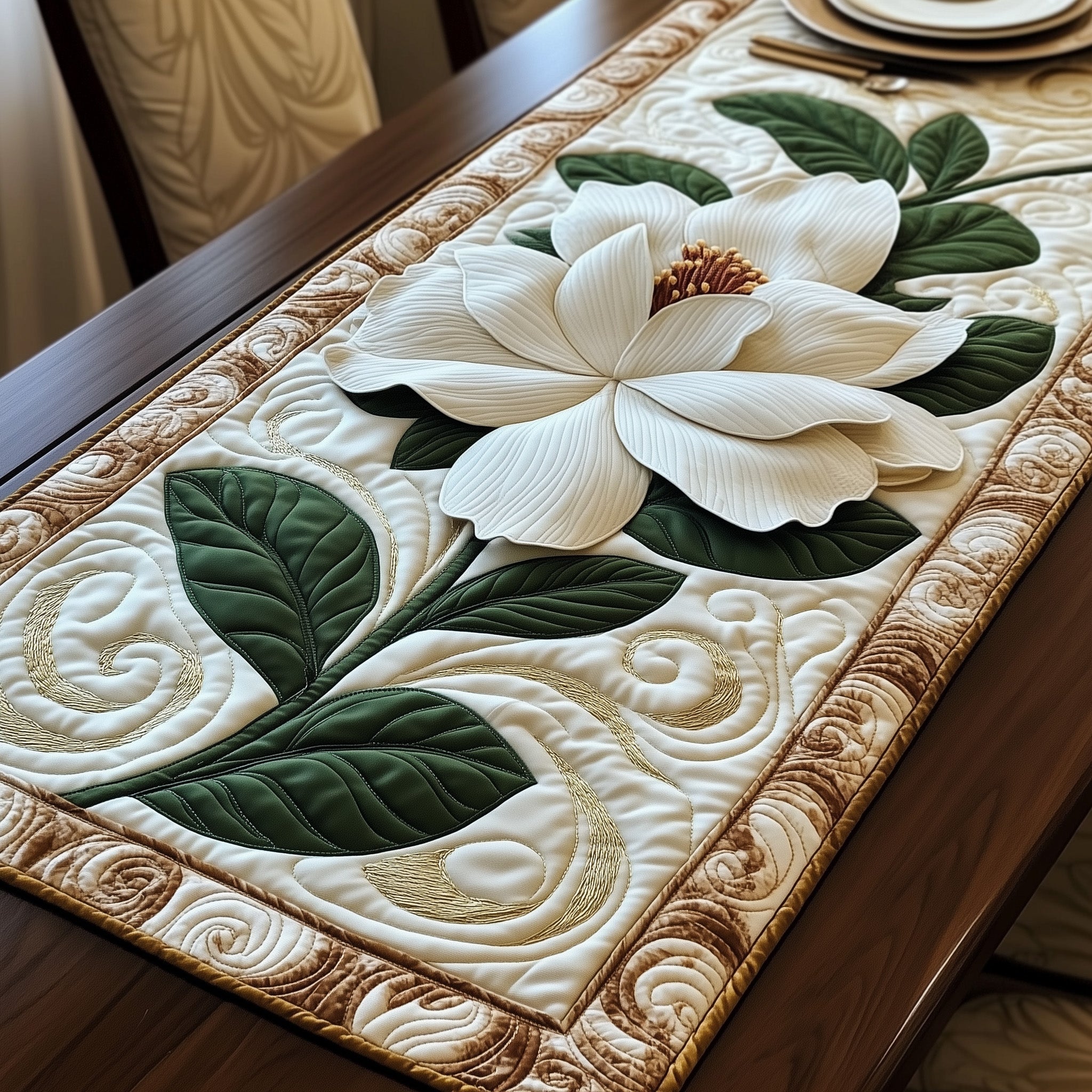 Magnolia Elegance Quilted Table Runner Holiday Table Runner Gift Idea