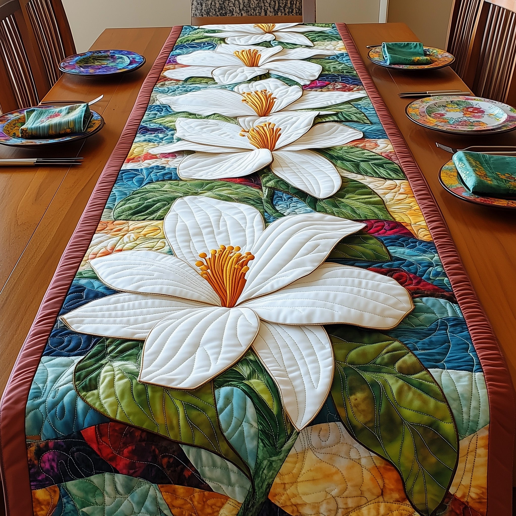 Magnolia Elegance Quilted Table Runner Merry Christmas Table Runner Decor