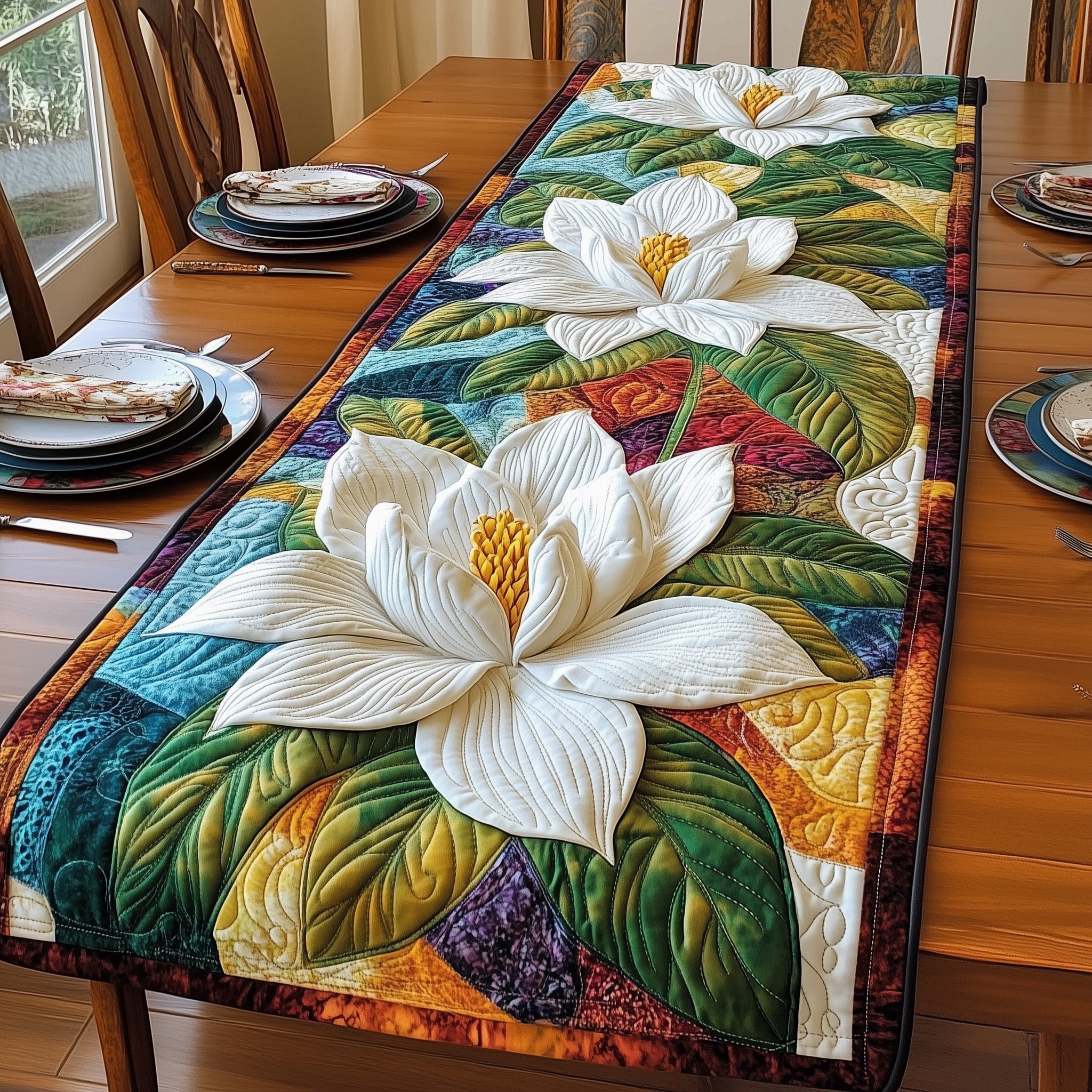 Magnolia Elegance Quilted Table Runner Table Runner for Christmas Decor