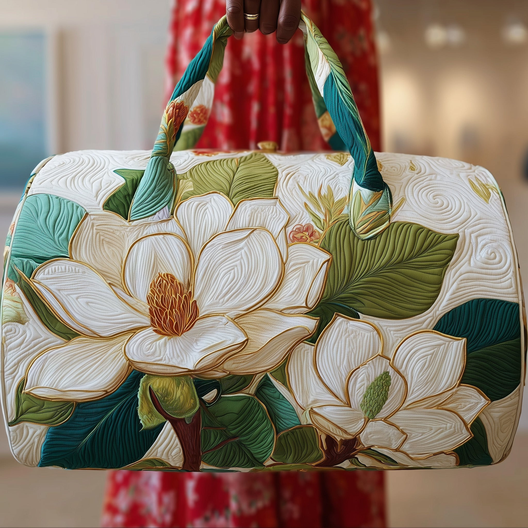 Magnolia Flower Quilted Duffle Bag Elegant White Floral Travel Bag Beautiful Gift Ideas For Women