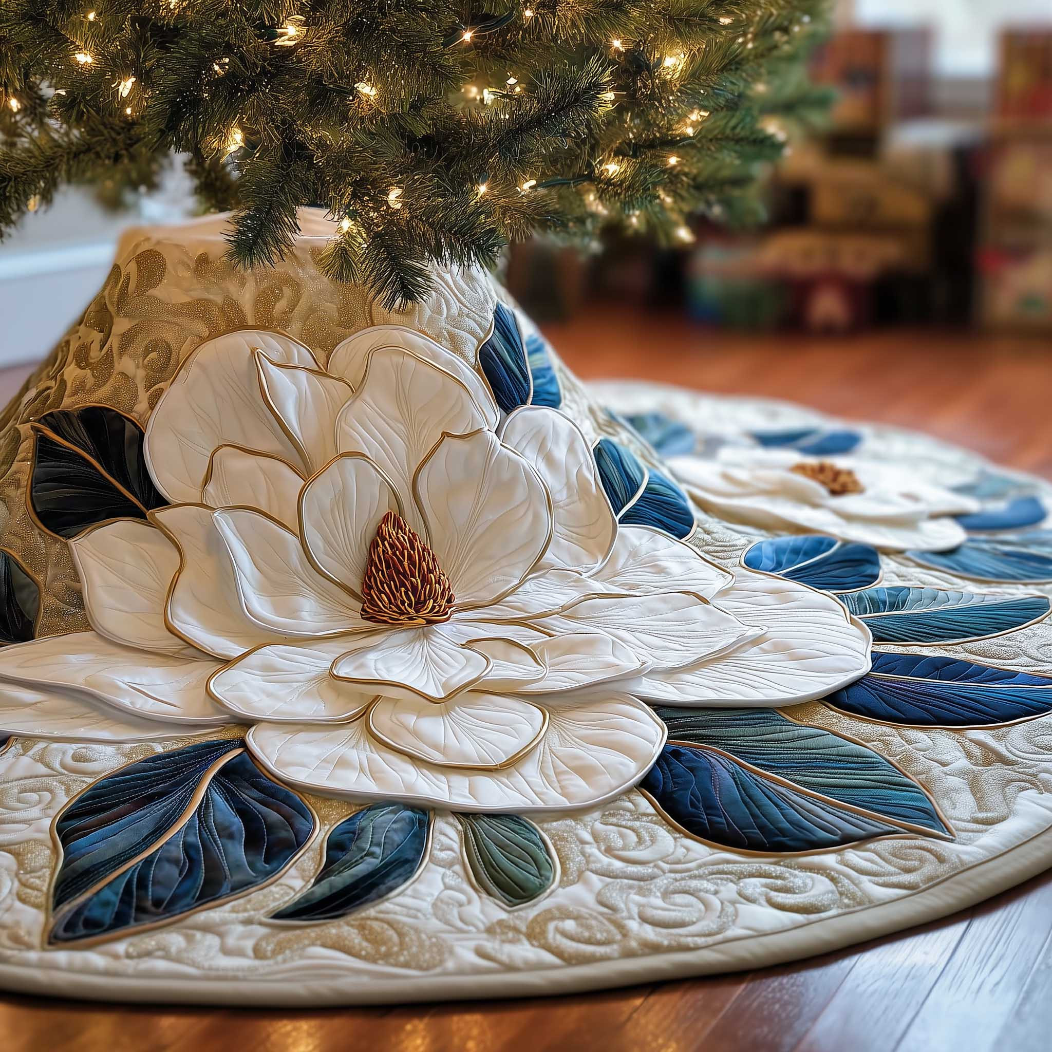 Magnolia Flower Quilted Tree Skirt Aesthetic Home Decor Nature Lover Christmas Gifts