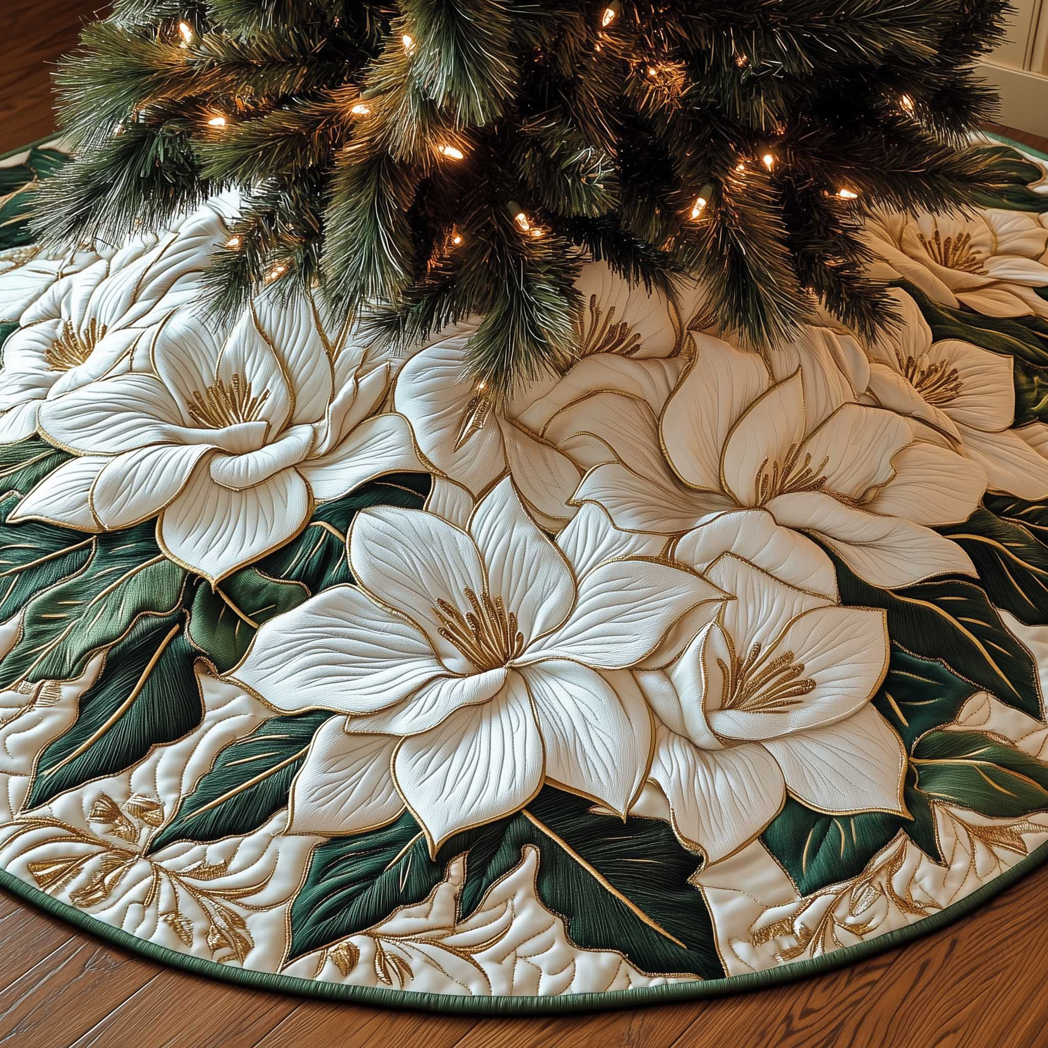 Magnolia Flowers Quilted Tree Skirt Holiday Home Decor Christmas Themed Presents