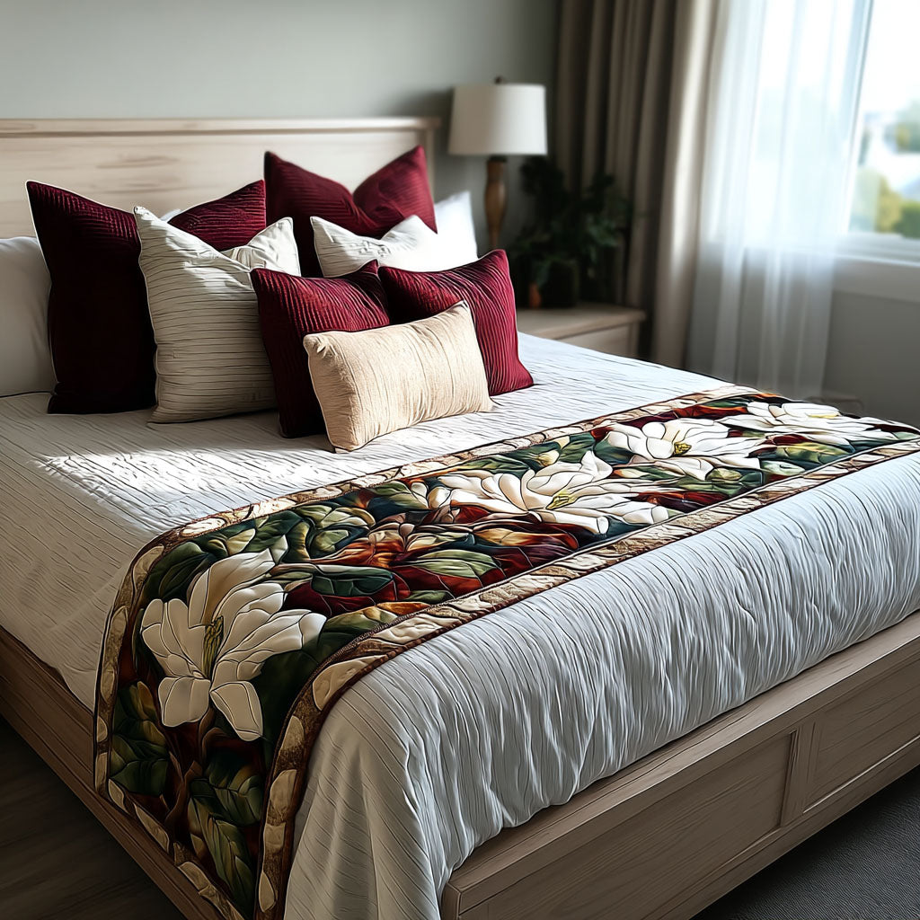 Magnolia Memories Quilted Bed Runner Cozy Bedroom Decor Gifts For The Flower Lover