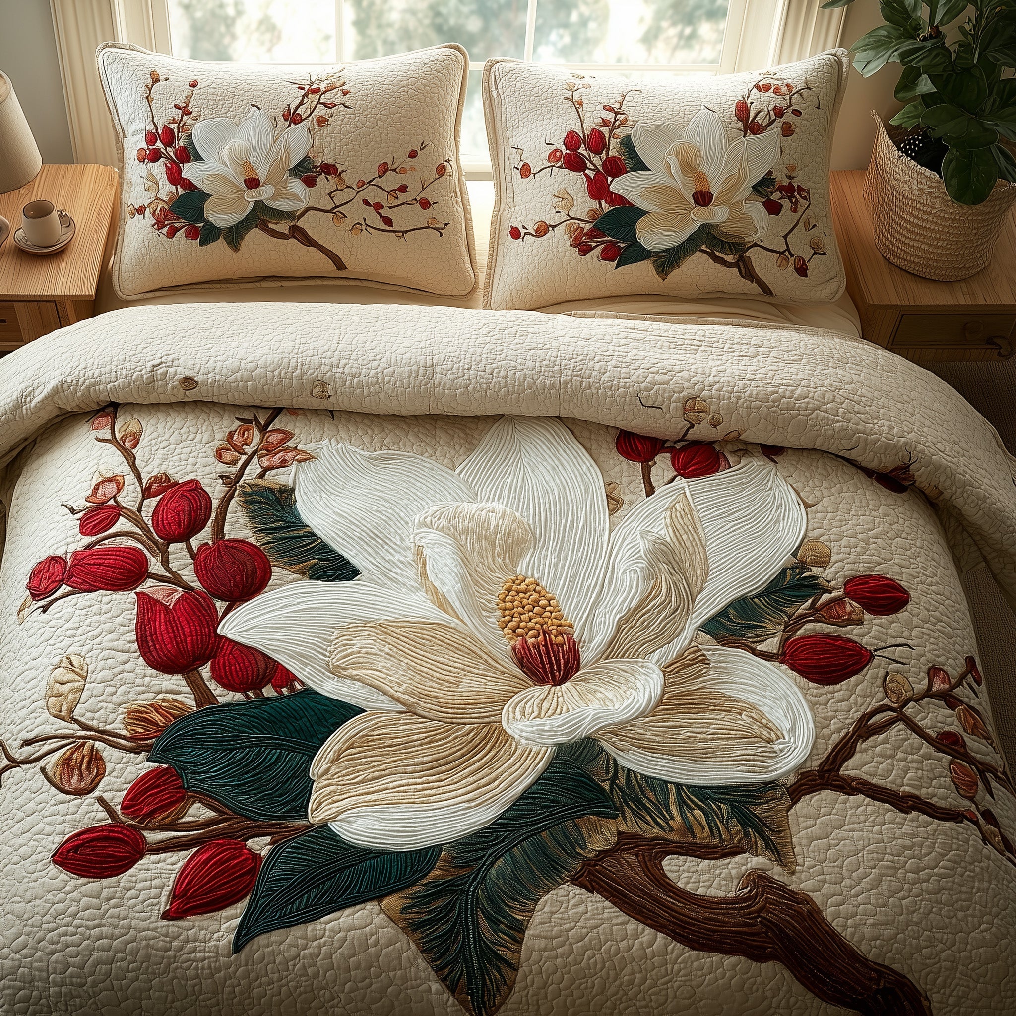 Magnolia Quilted Bedding Set Duvet Cover Bedspread Gifts For Wife For Xmas