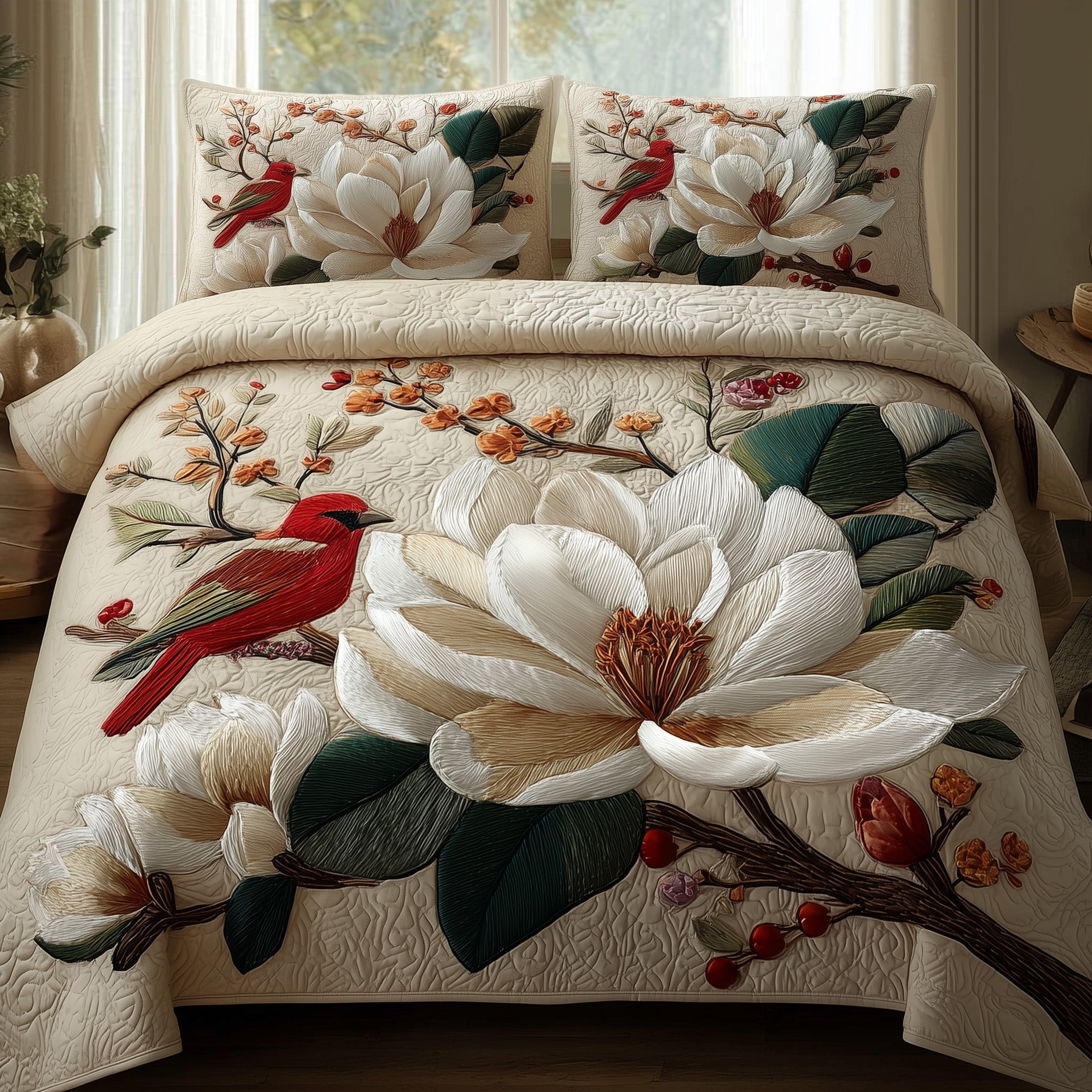 Magnolia Quilted Bedding Set Duvet Cover Bedspread Ladies Xmas Present Ideas