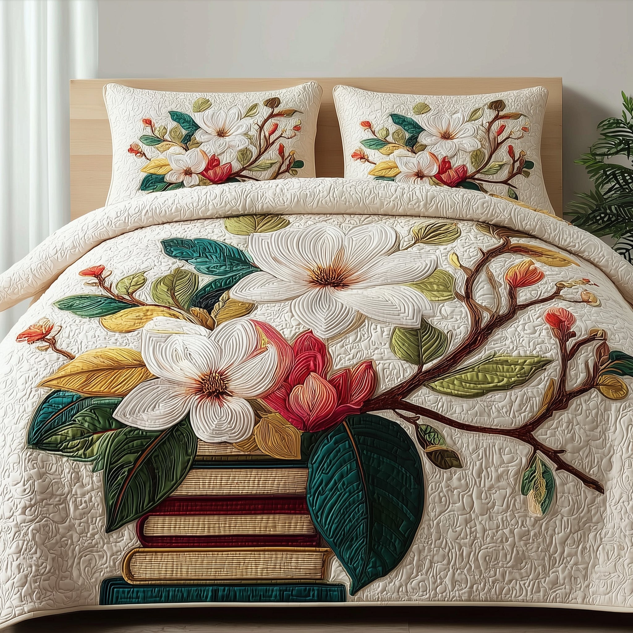 Magnolia Quilted Bedding Set Duvet Cover Bedspread Nice Christmas Present For Wife