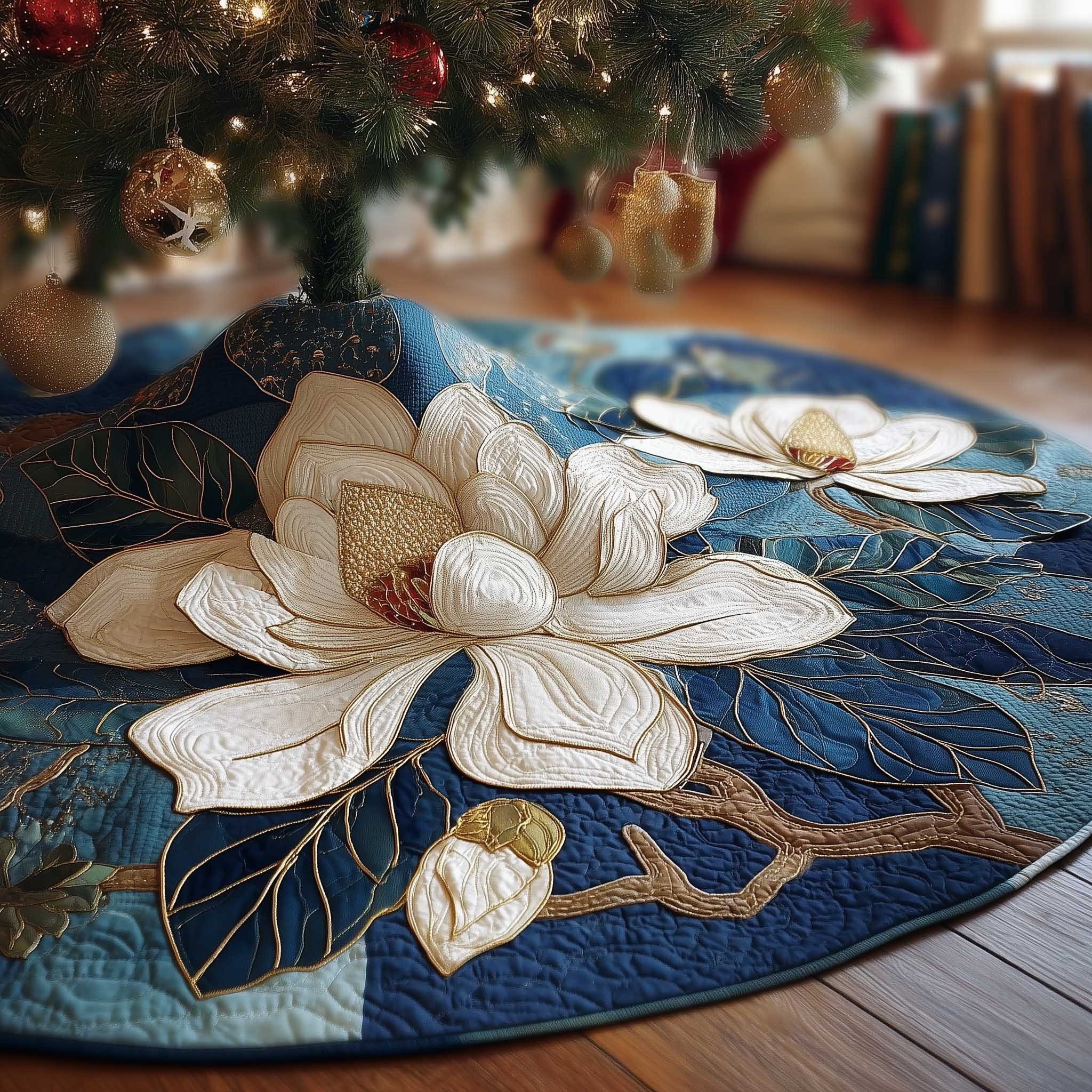 Magnolia Quilted Tree Skirt Aesthetic Home Decor Flower Pattern Christmas Gifts