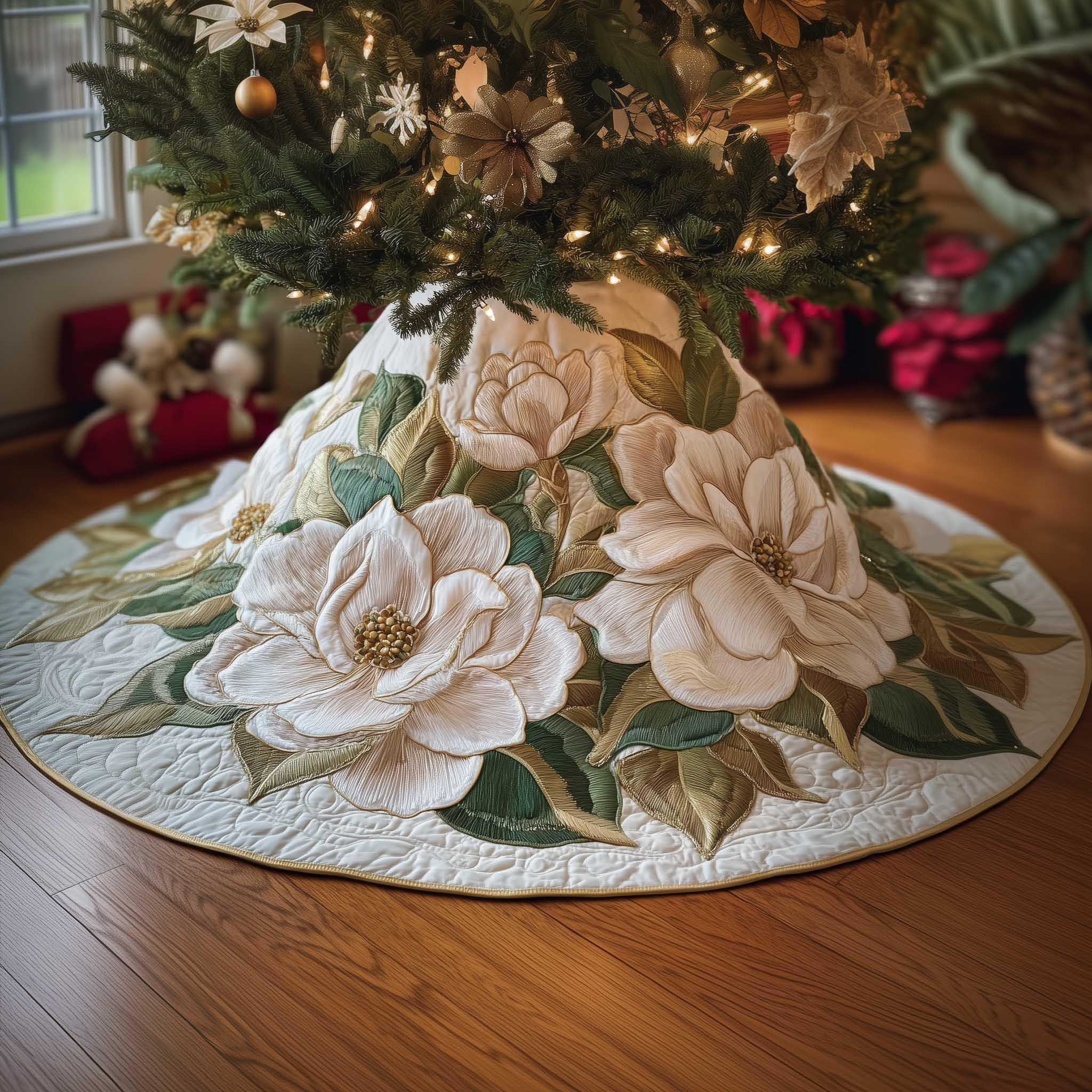 Magnolia Quilted Tree Skirt Flower Pattern Spring Home Decor Christmas Gifts For Mother