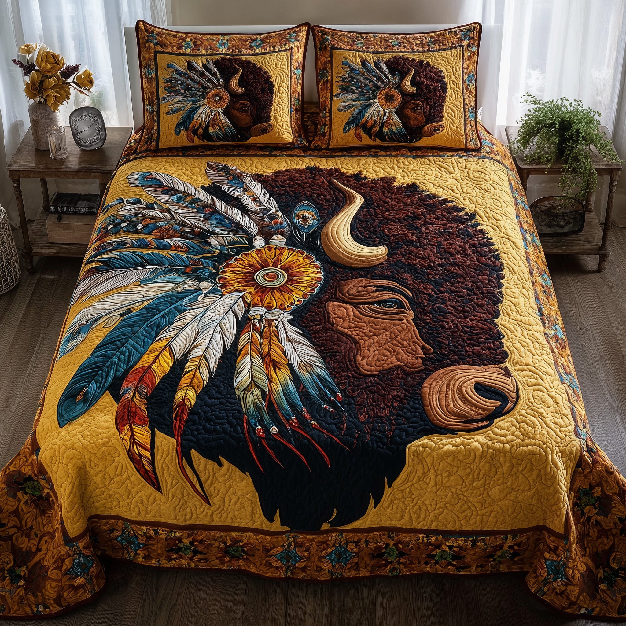 Majestic Bison Quilted Bedding Set For Couples