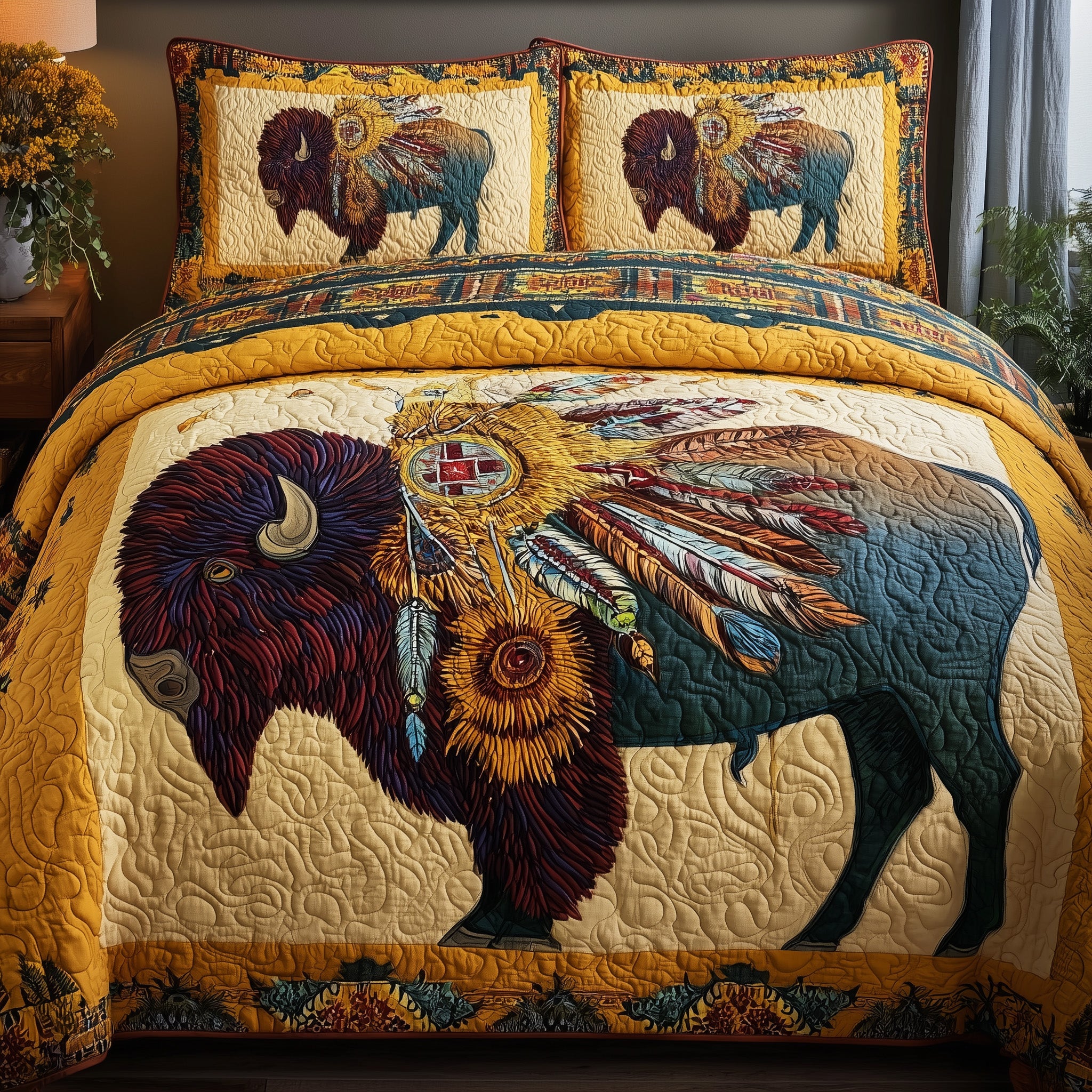 Majestic Bison Quilted Bedding Set For Family