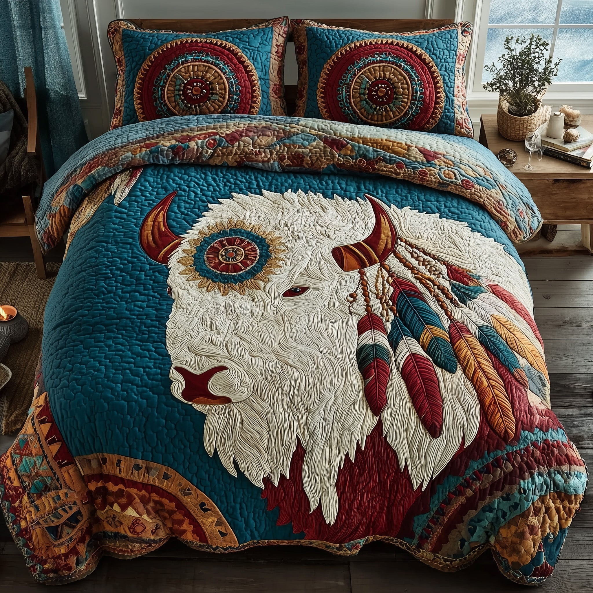 Majestic Bison Quilted Bedding Set Geometrical Pattern