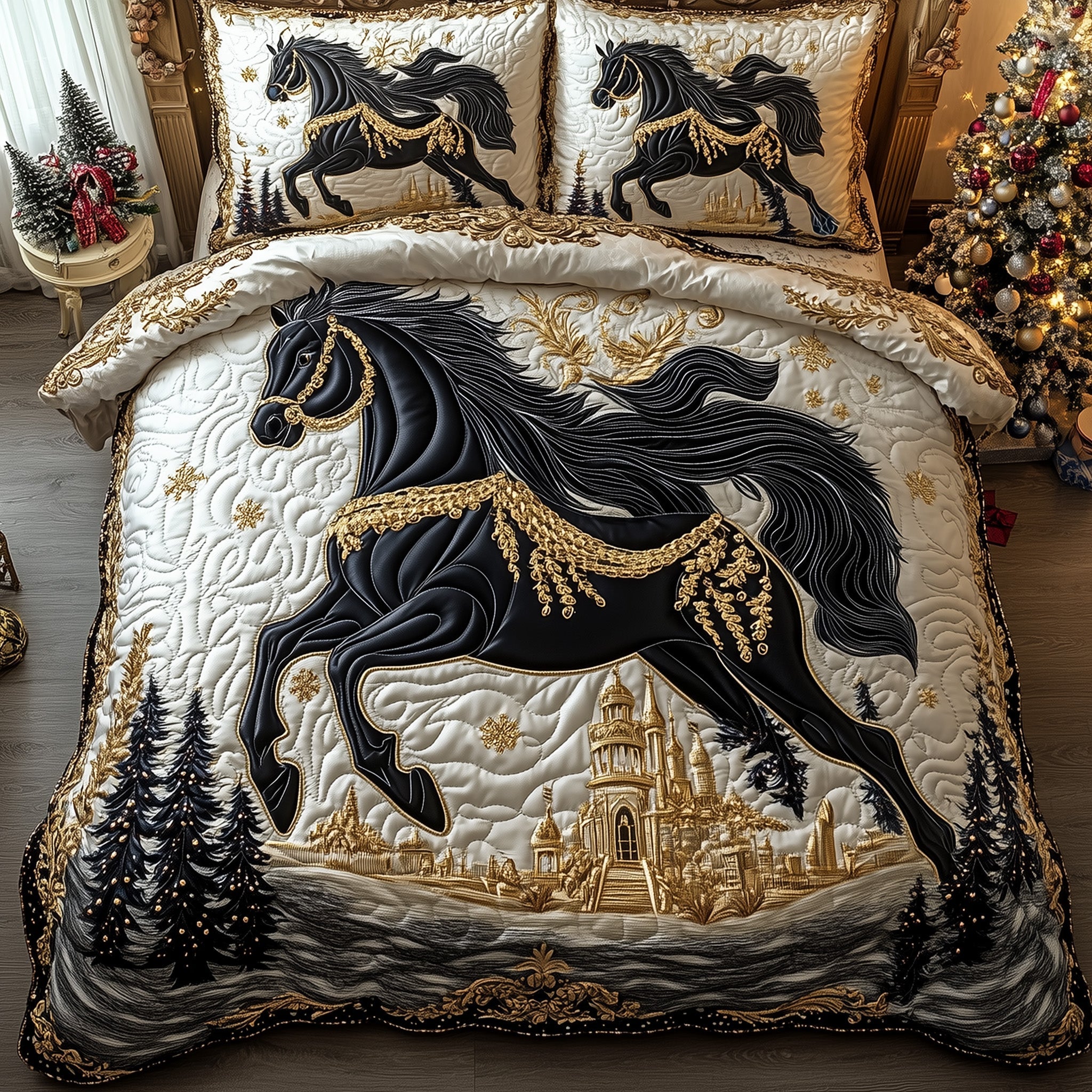 Majestic Black Horse Quilted Bedding Set Running Horse Inspired Theme Horse Lovers Gifts
