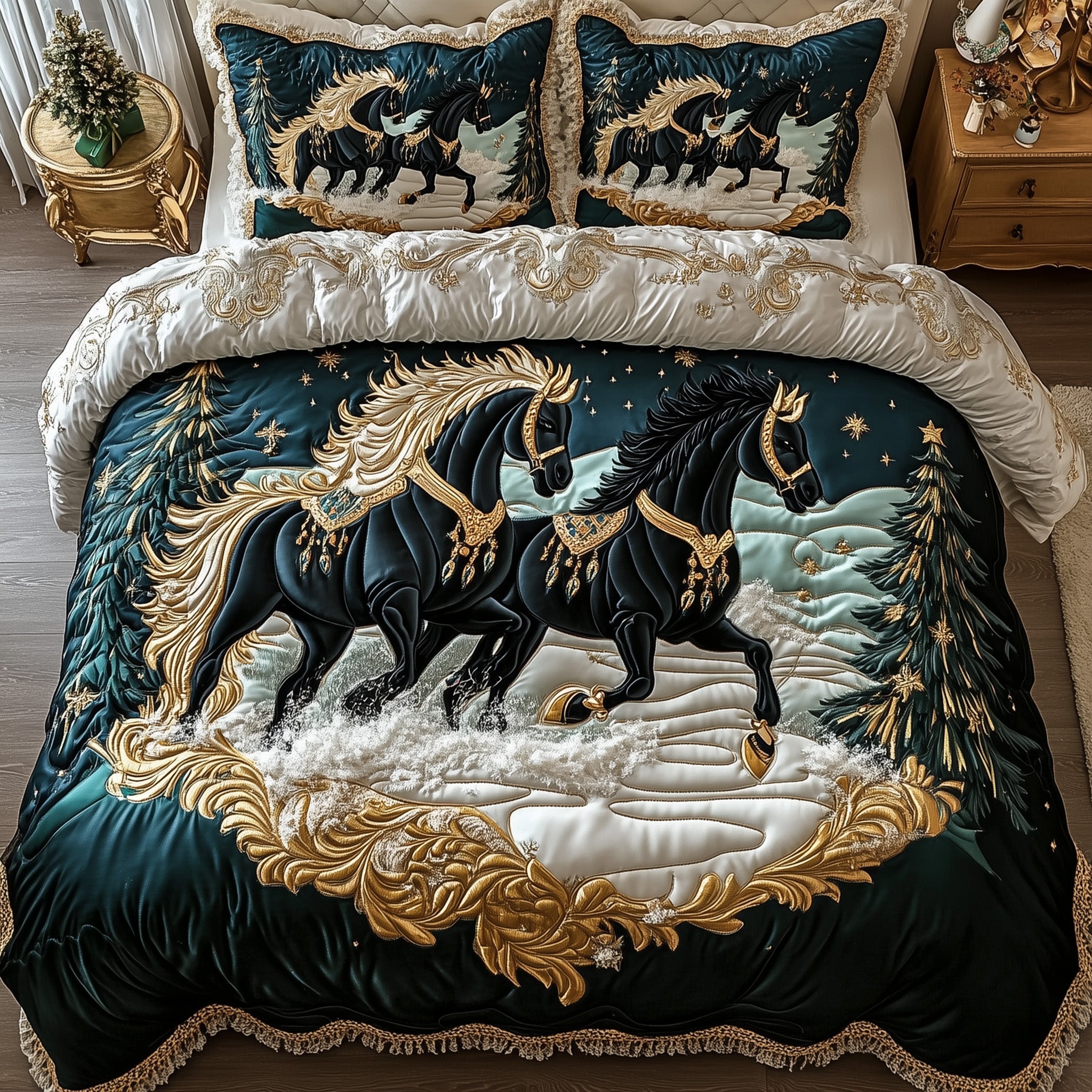 Majestic Black Horse Quilted Bedding Set Running Horse Xmas Day Theme Horse Lovers Gifts
