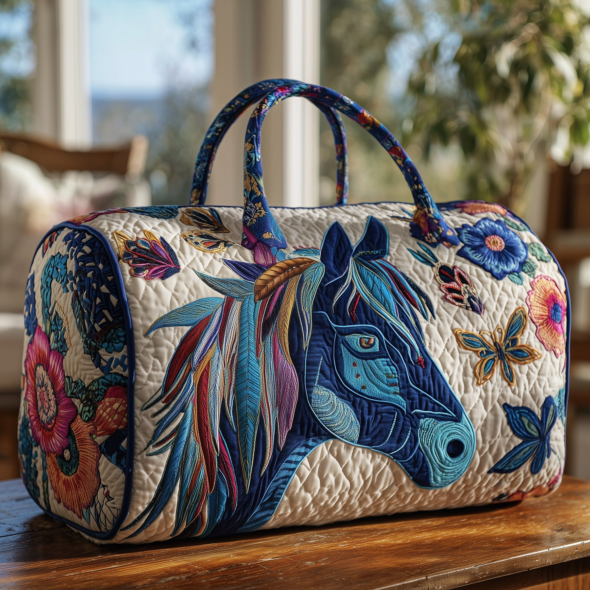 Majestic Blue Horse Bohemian Quilted Duffle Bag Floral Butterfly Travel Bag Gift For Horse Lovers
