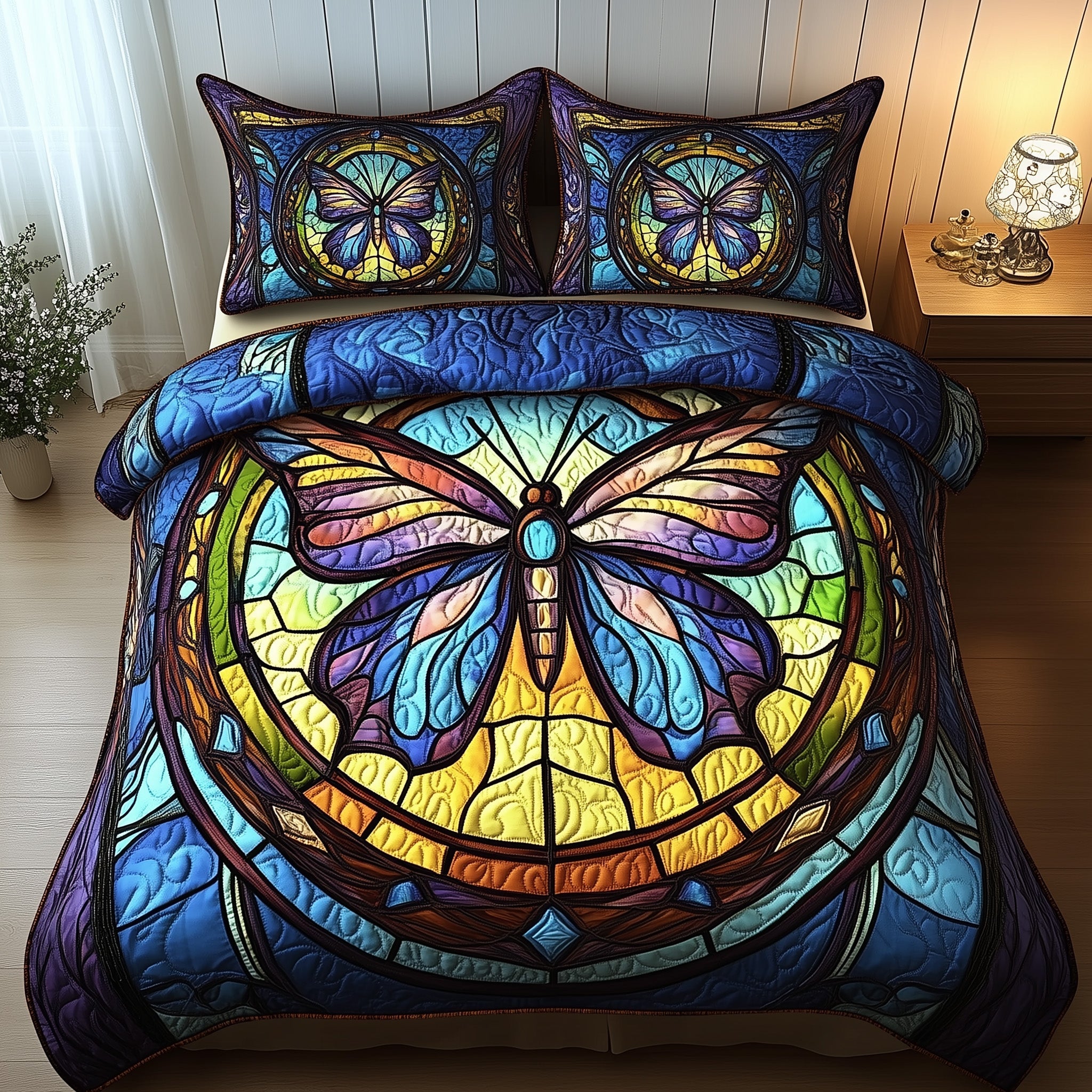 Majestic Butterfly Quilted Bedding Set Cotton Sateen