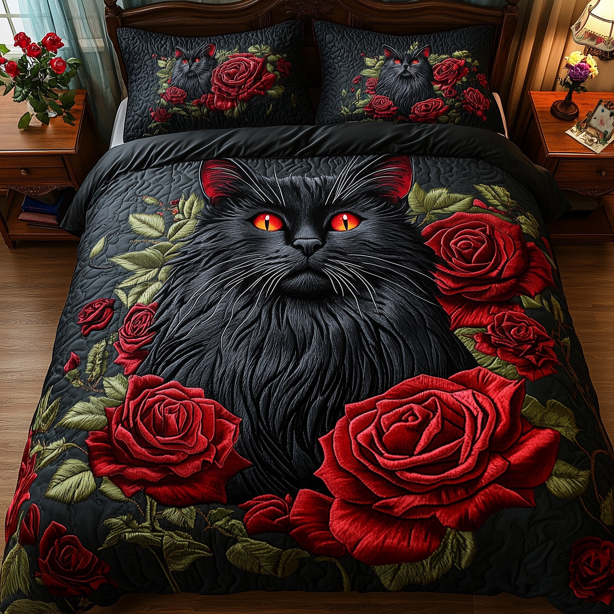 Majestic Cat Quilted Bedding Set Black Cat Red Roses Floral Design Cat Lovers Bedding Gifts