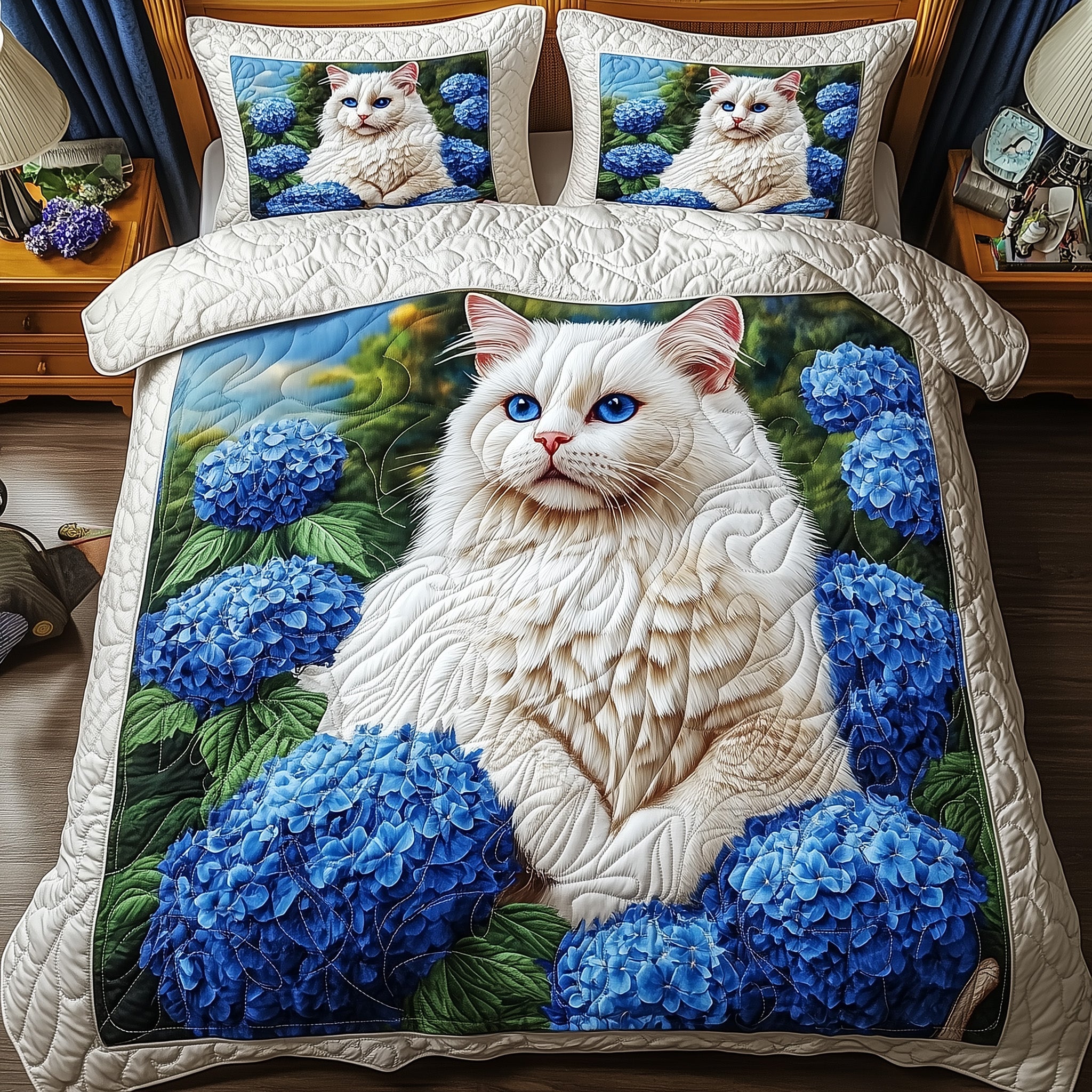 Majestic Cat Quilted Bedding Set Elegant Cat Hydrangeas Themed Cat Lovers Bedding Gifts