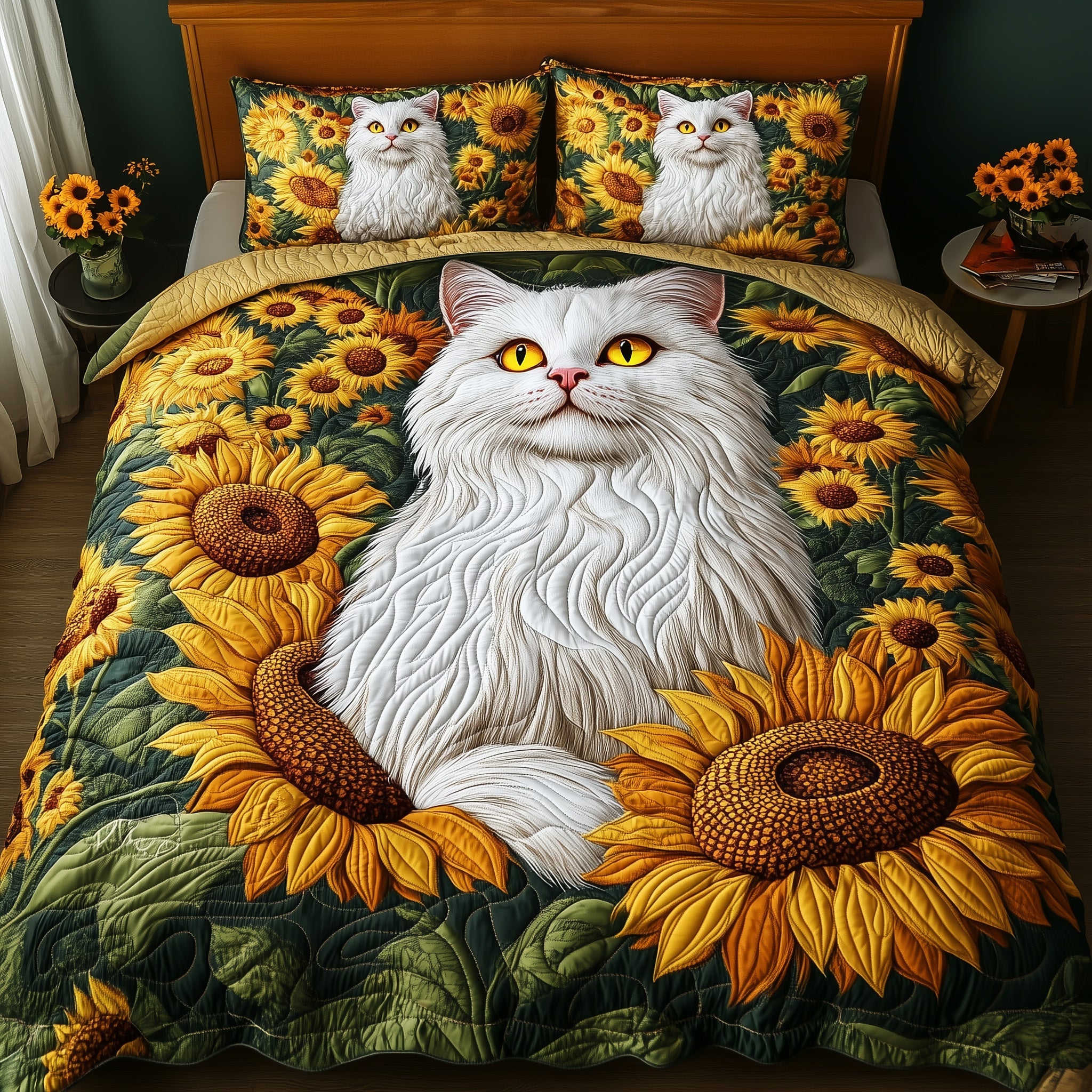 Majestic Cat Quilted Bedding Set Elegant Cat Sunflowers Floral Themed Cat Lovers Bedding Gifts