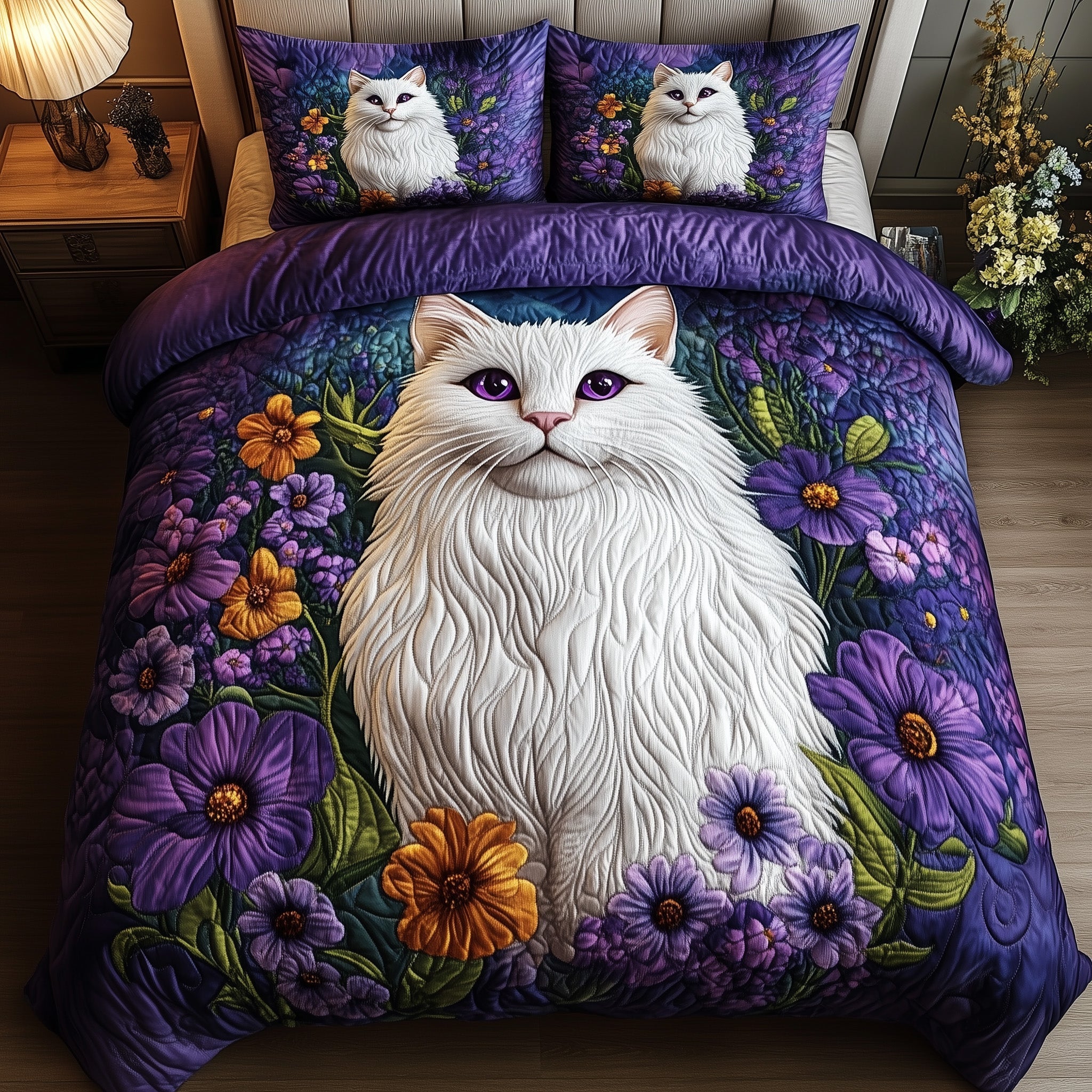 Majestic Cat Quilted Bedding Set Fancy Cat Flowers Floral Design Cat Lovers Bedding Gifts