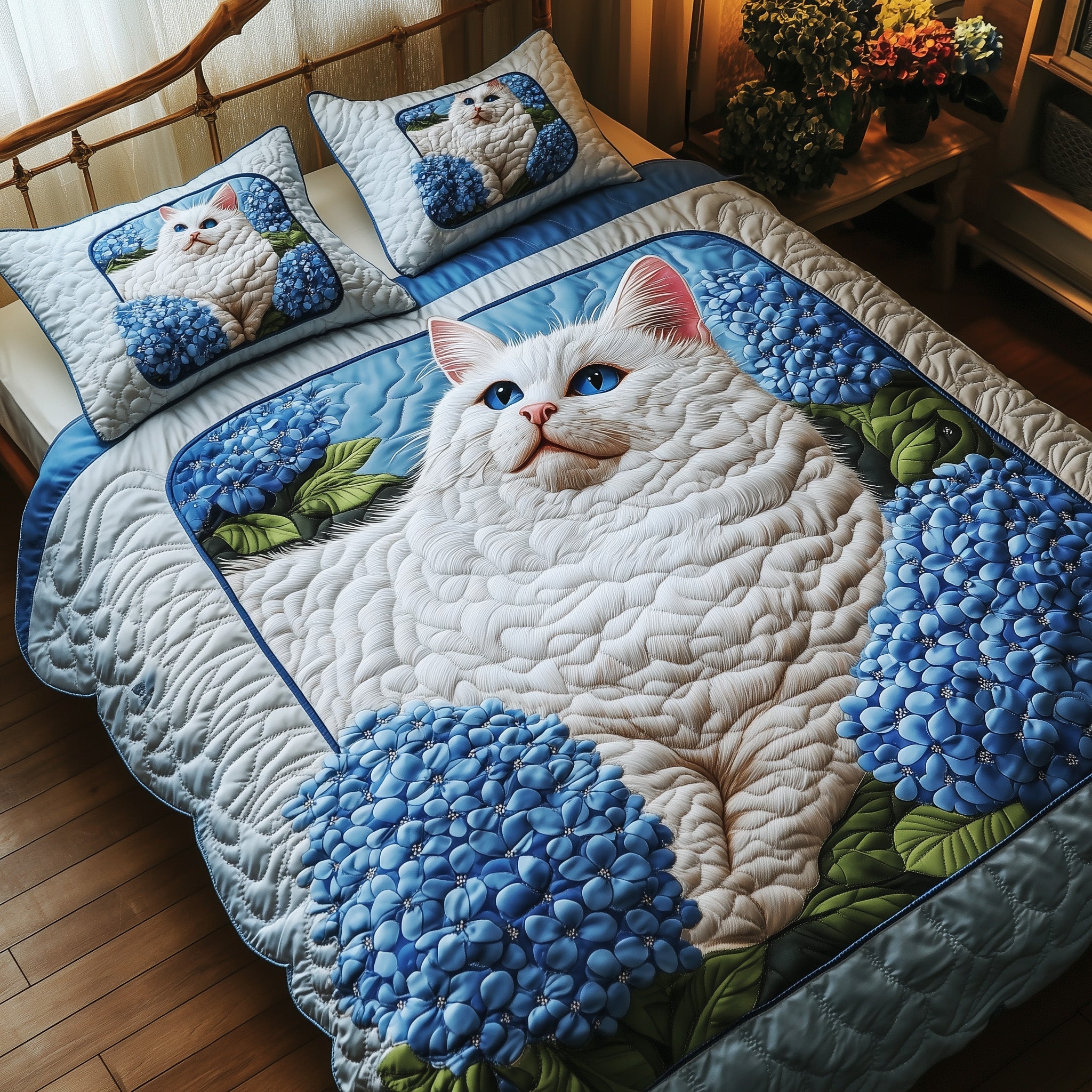 Majestic Cat Quilted Bedding Set Lovely Soft White Cat Decor Animal Bedding Gifts