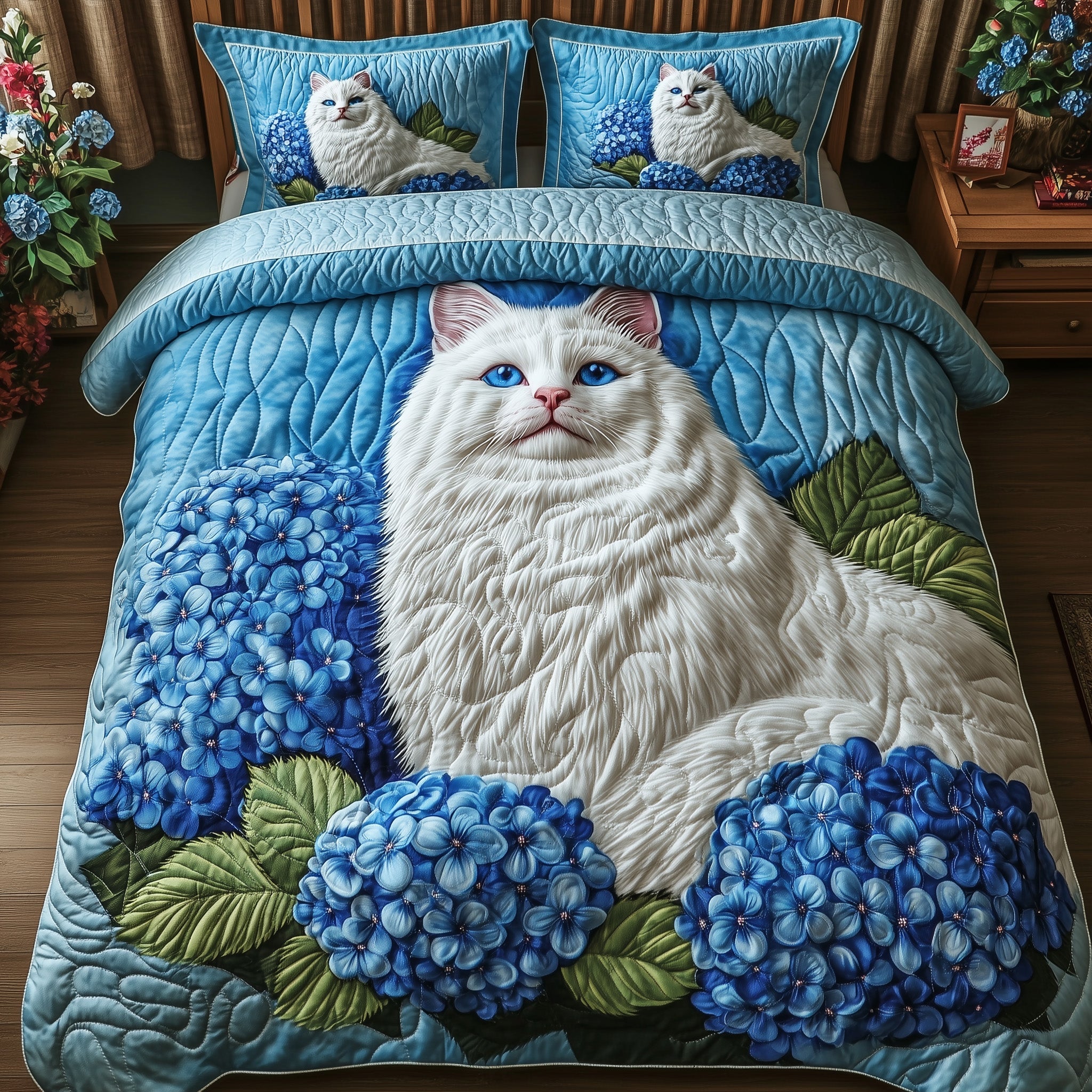Majestic Cat Quilted Bedding Set White Cat Hydrangeas Decor Bedding Gifts For Pet Lovers