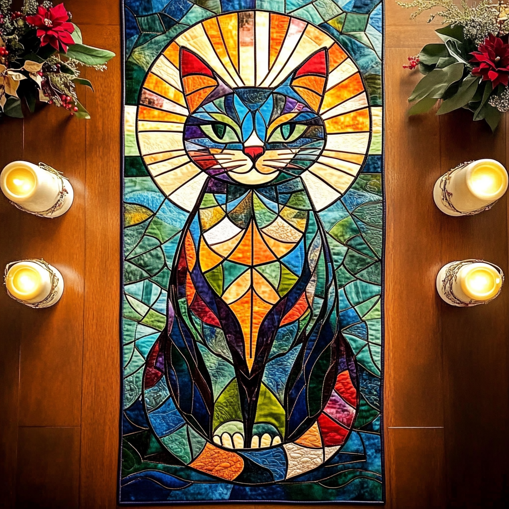 Majestic Cat Quilted Table Runner Christmas Holiday Dining Table Runner Cat Christmas Present Ideas